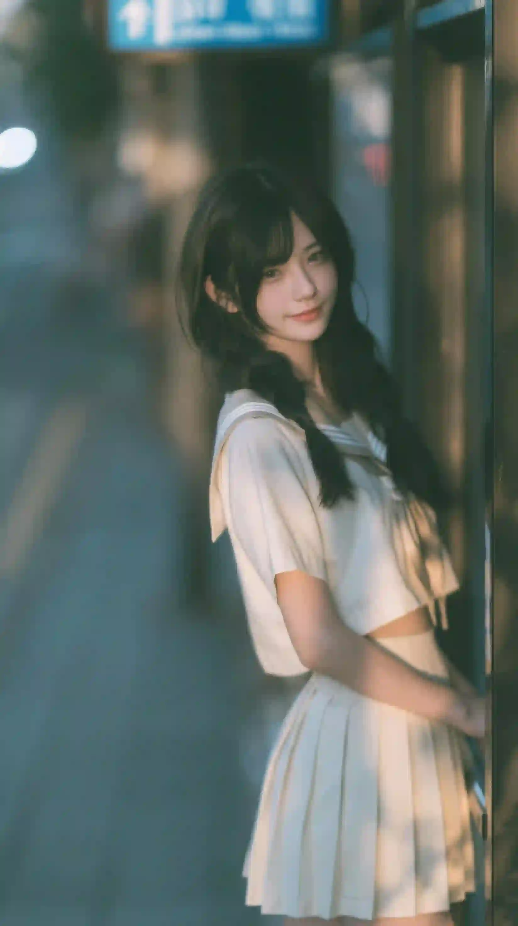 白色水手服 JK制服 双麻花辫 少女 夜景人像 学院风