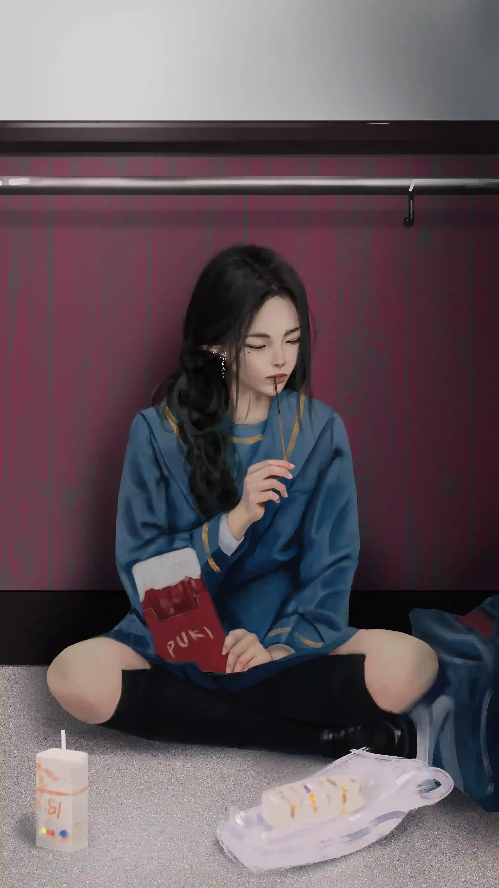 动漫长发女孩 正在吃饭的女孩 靠在墙角的长发女孩