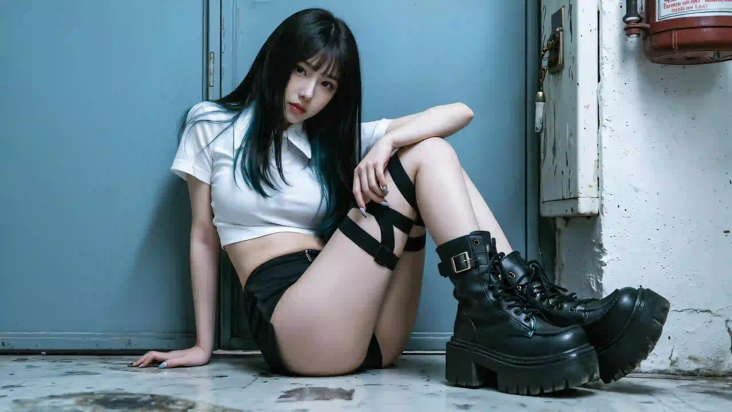 长发清纯美女 长腿 白色衣服 黑色写真