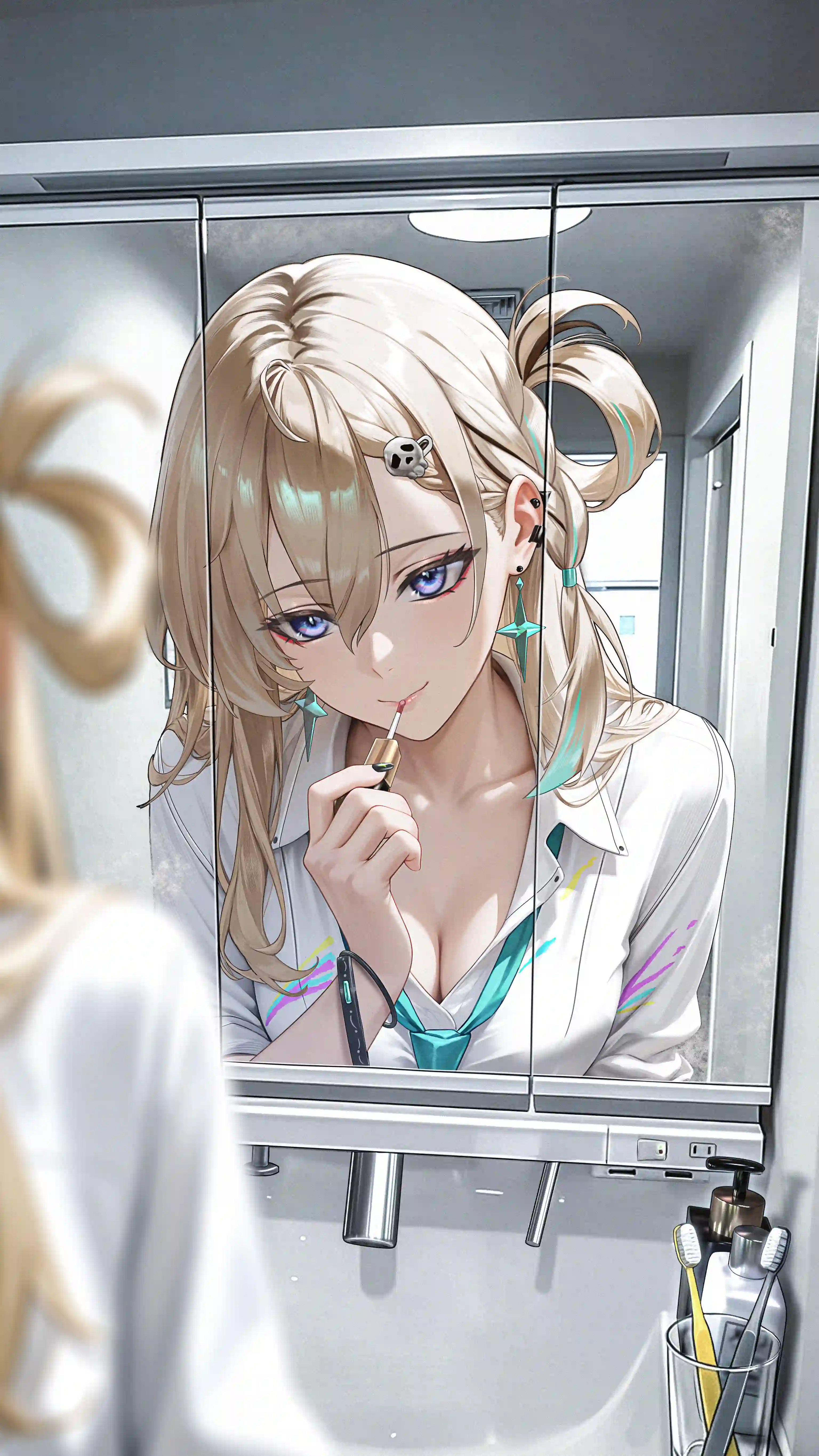 动漫女孩 二次元女孩 白色衣服 性感 金黄色头发 镜面