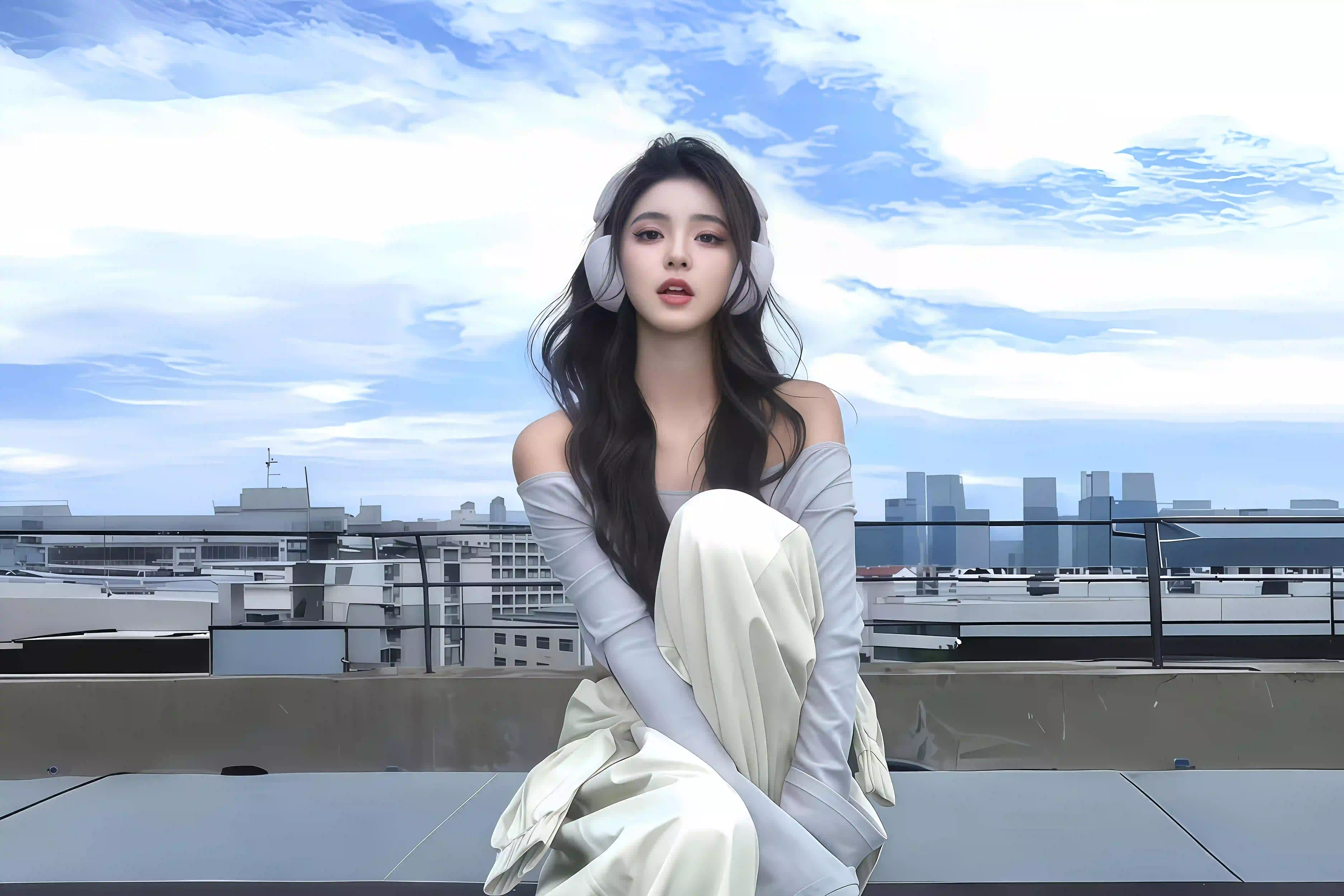 城市天台 长发美女 戴着耳机的长发美女