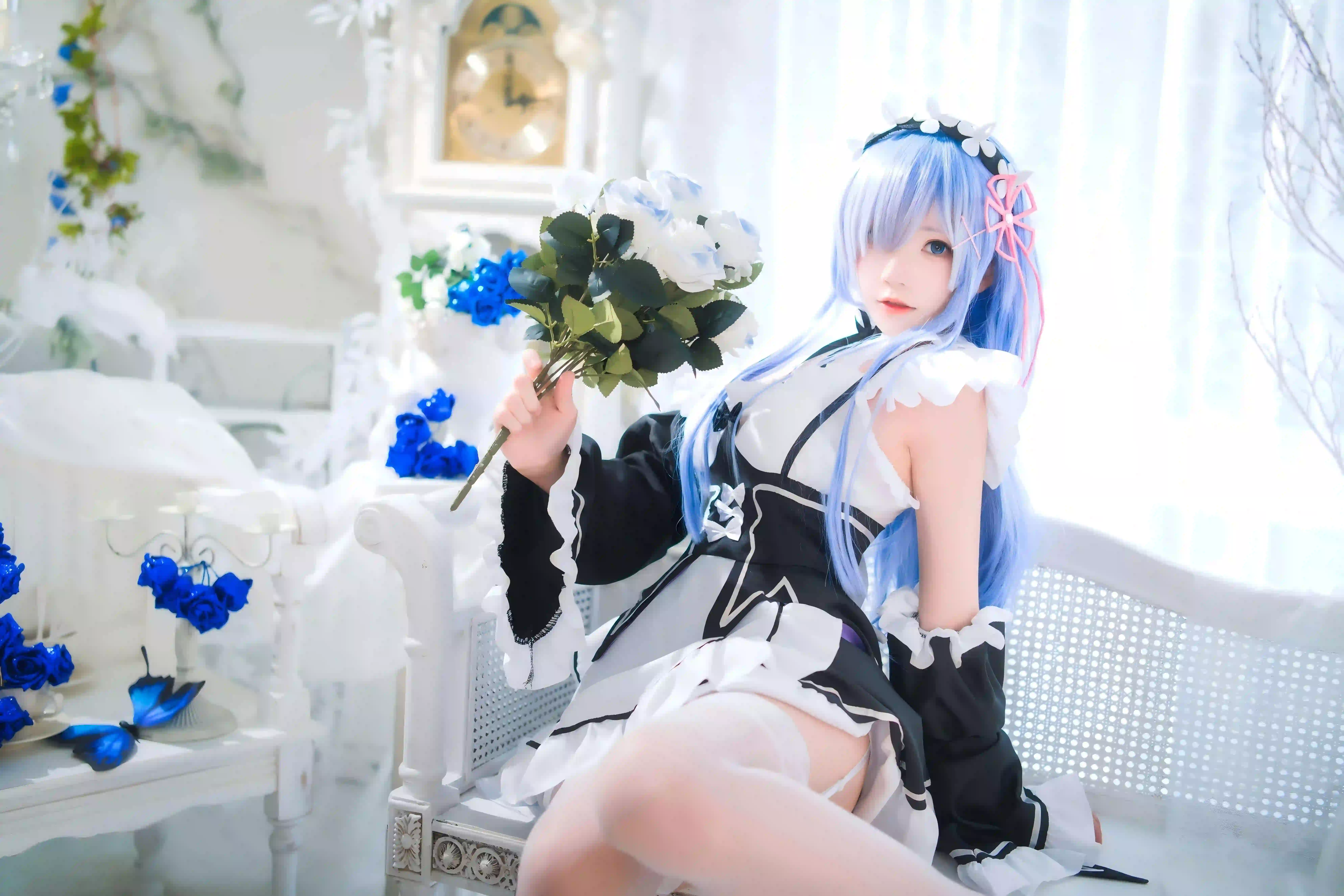 coser 雷姆 蓝色头发 性感美女 丝袜 白色丝袜 2