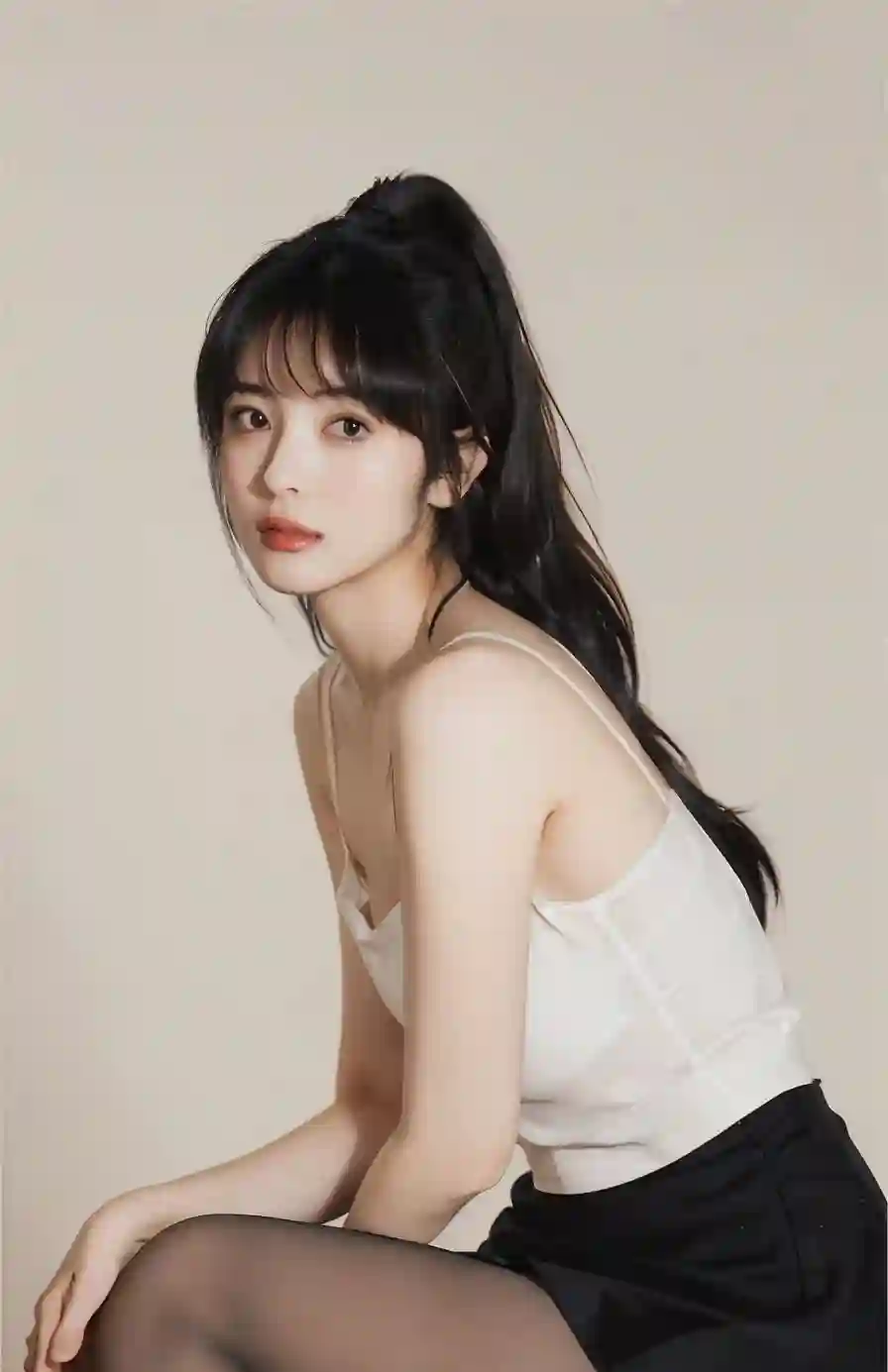 长发美女 黑丝 白色吊带装 黑色小短裙 