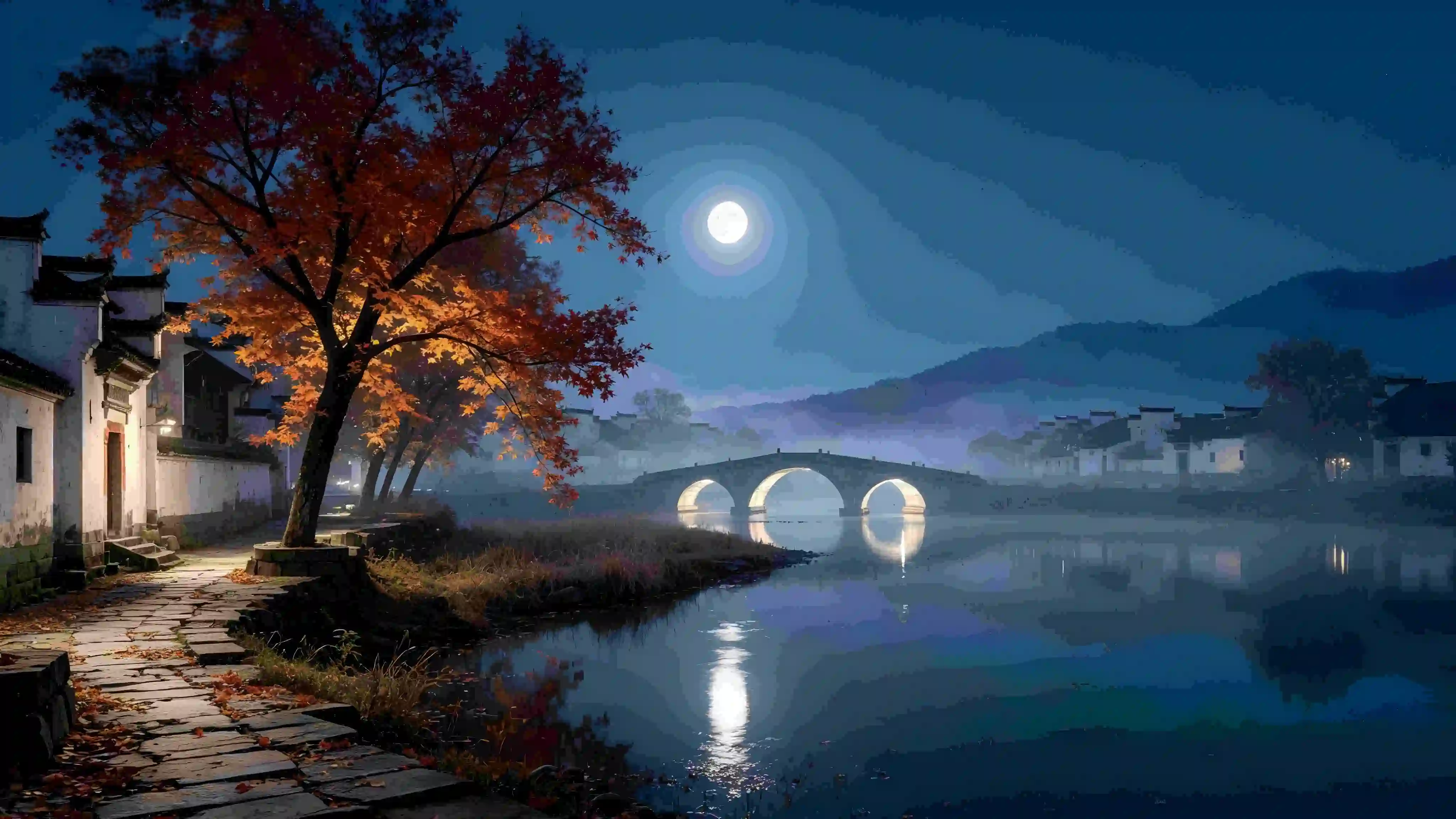 月夜 古村落 红枫 石桥 水乡 风景壁纸 秋夜 治愈
