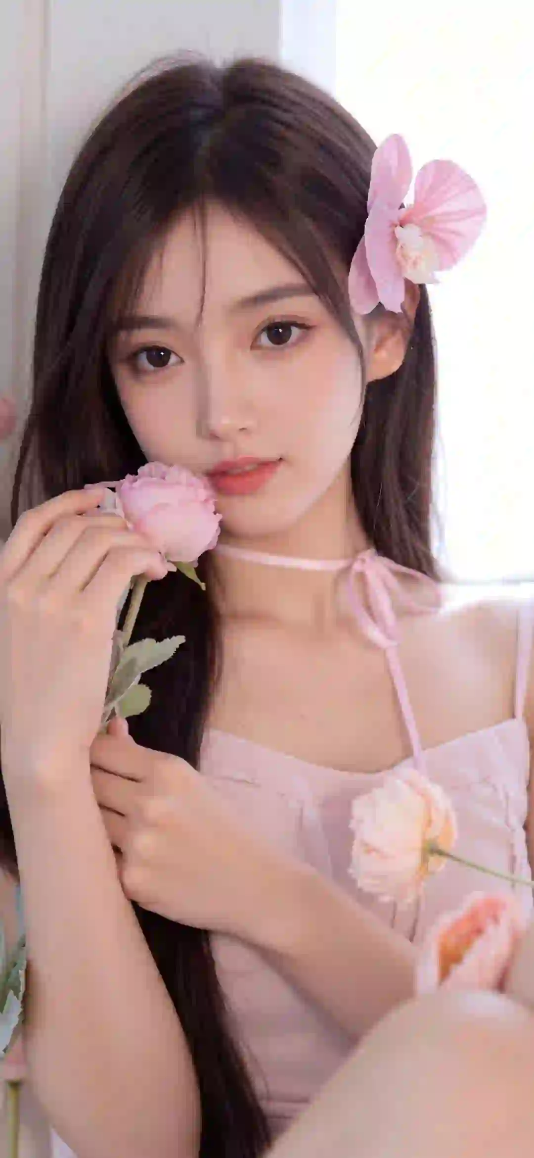 粉红色花朵 长发清纯美女 粉红色衣服