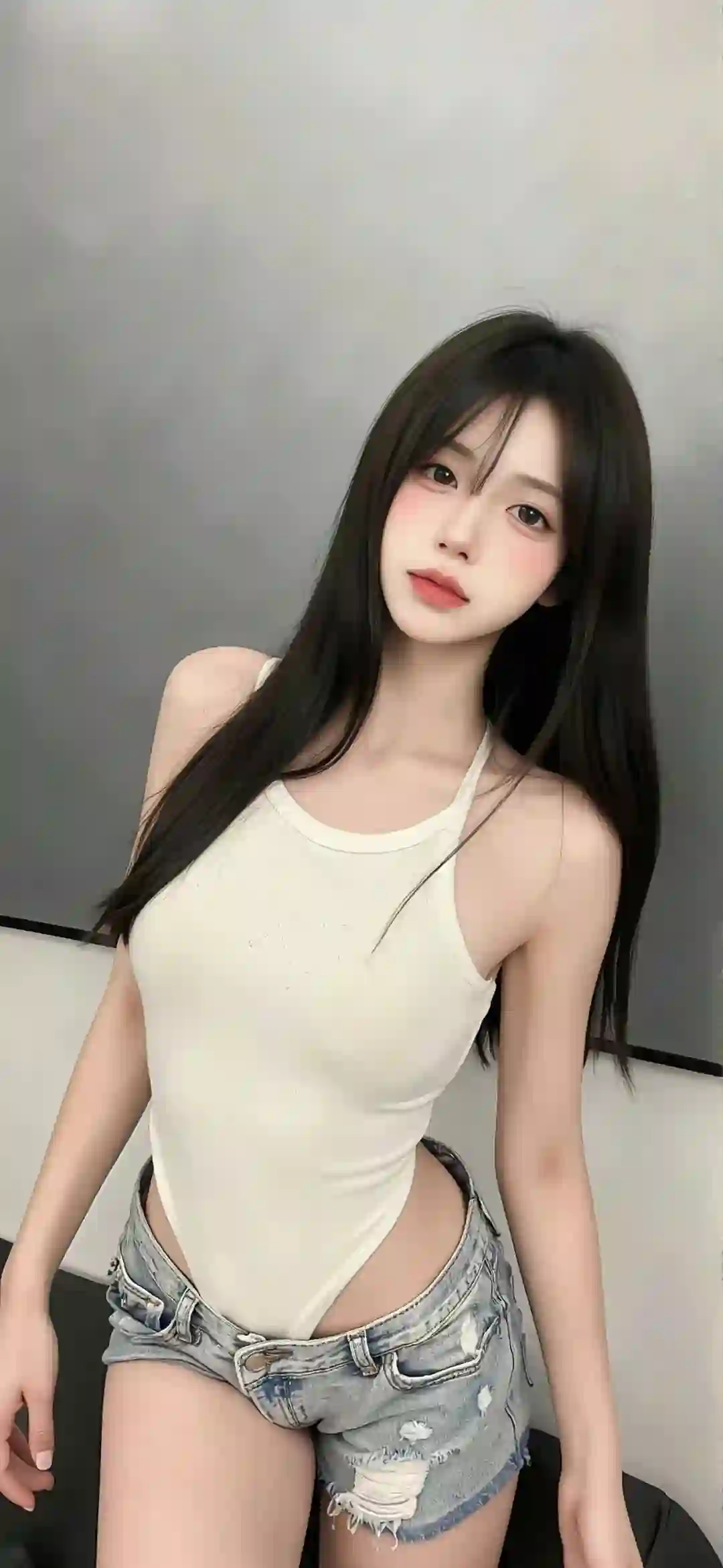 清纯少女 白色吊带 牛仔短裤 长发 简约写真