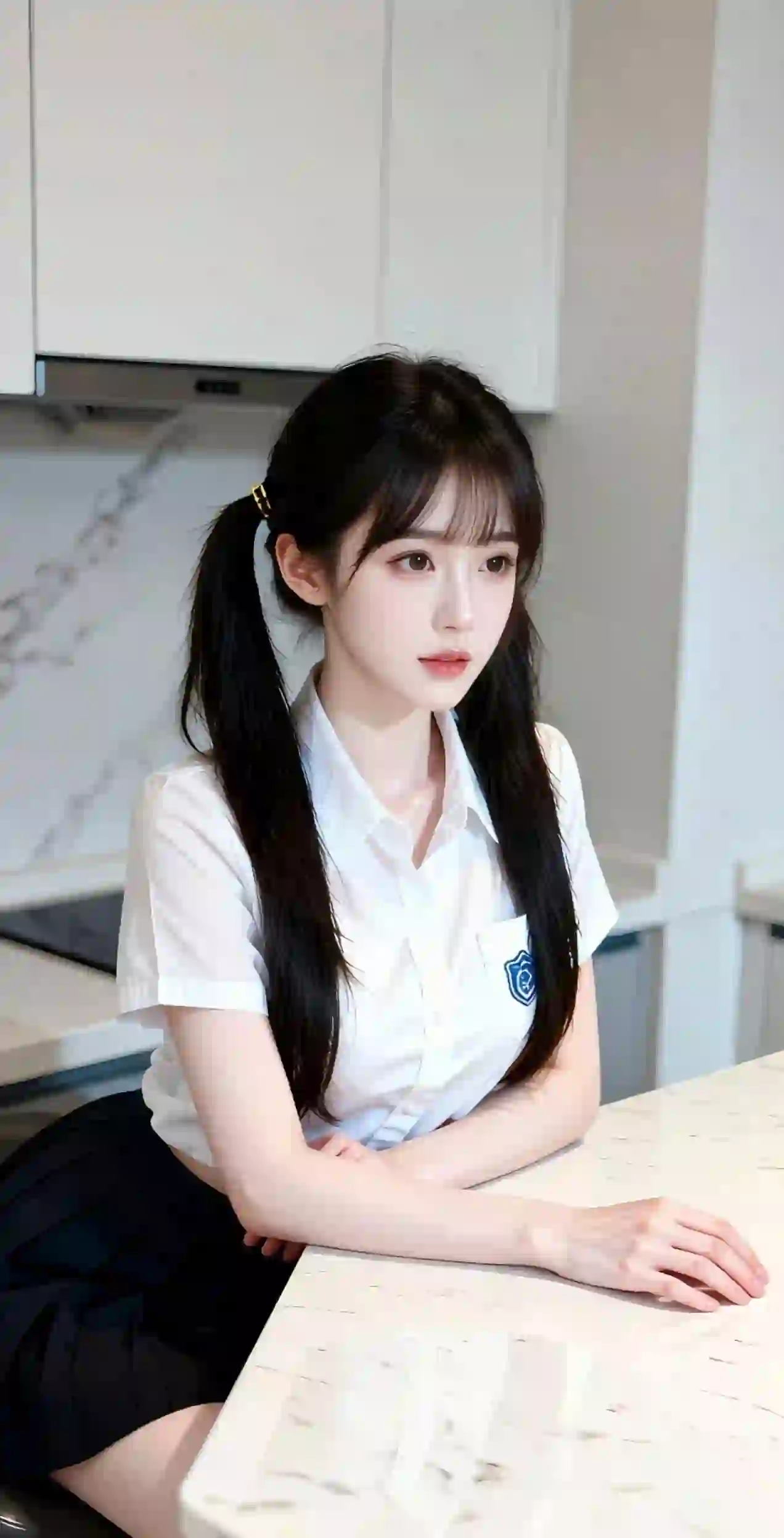 双马尾女孩 jk穿搭 白色衬衫 黑色短裙 教室场景 马尾
