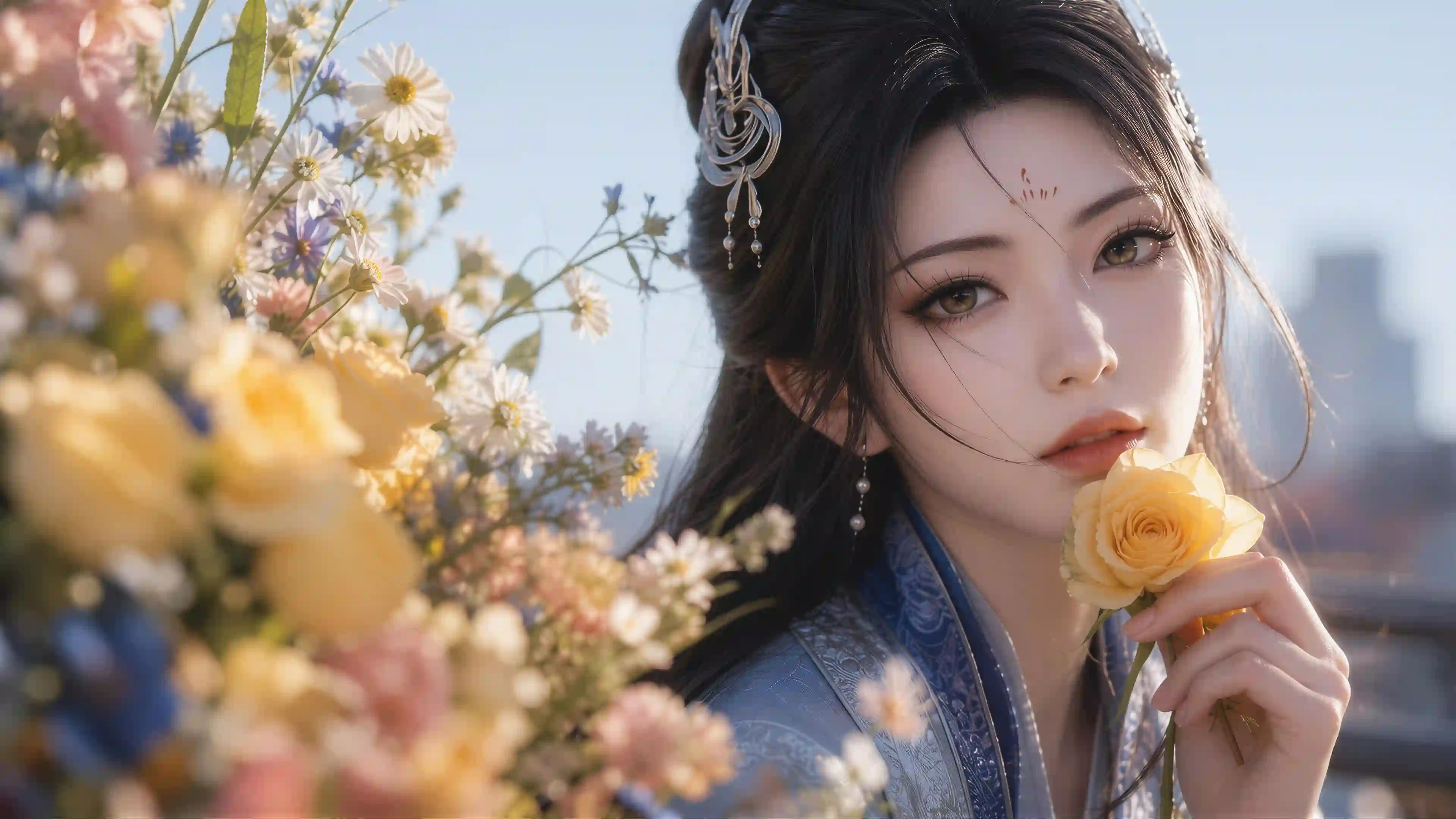 古风汉服 黄玫瑰 花海 东方美学 唯美人像 妆容精致 柔光