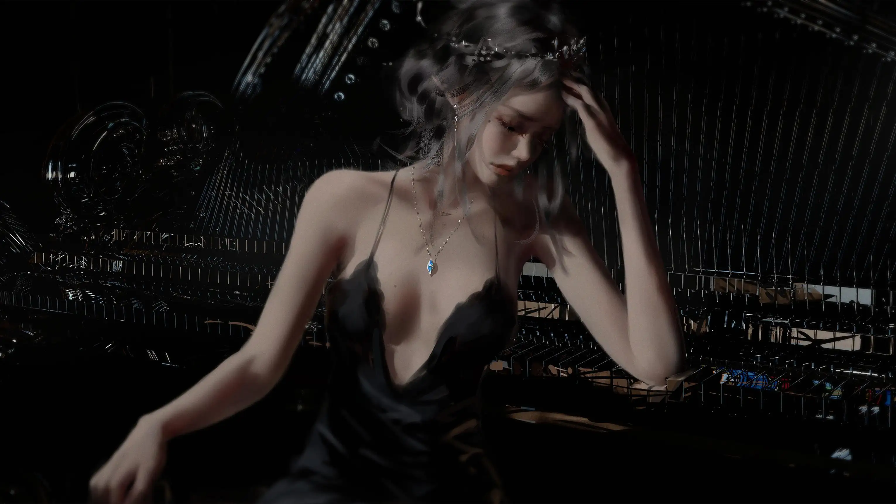 性感动漫女神壁纸，手捂额头，坐在钢琴前，穿着黑色吊带睡裙的公主｜wlop