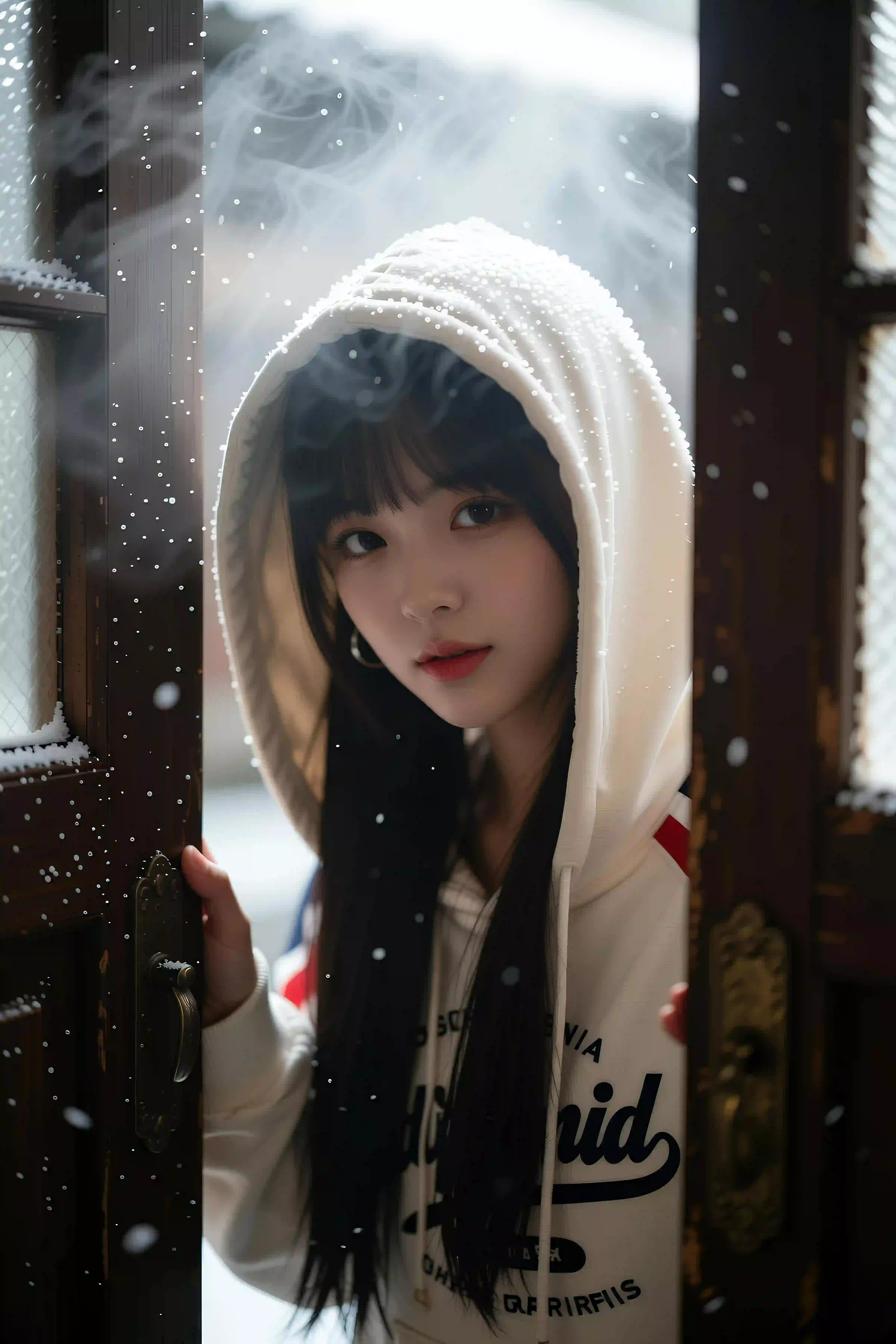长发美女 白色衣服 大雪纷飞