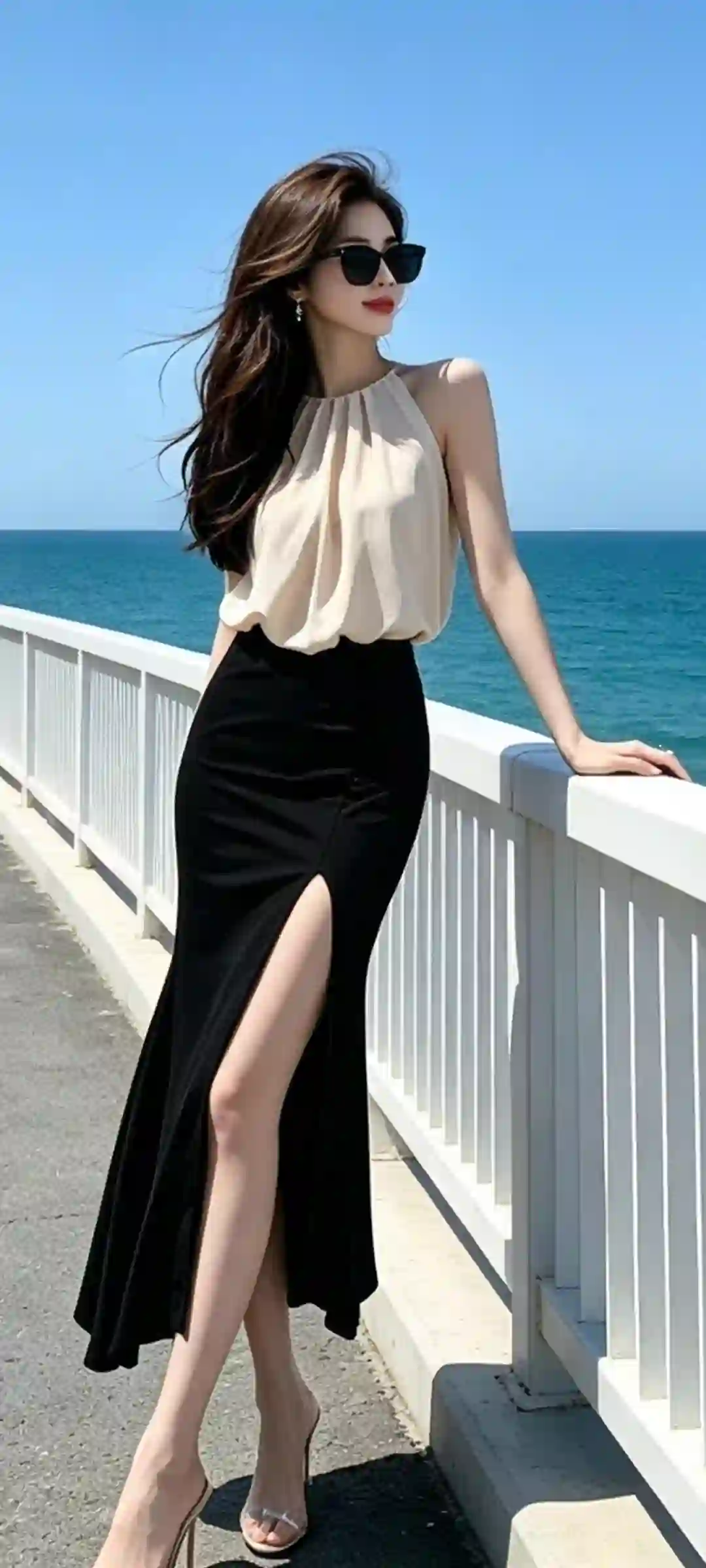 海边 女神 优雅 黑色长裙 墨镜 白色栏杆 晴天时尚