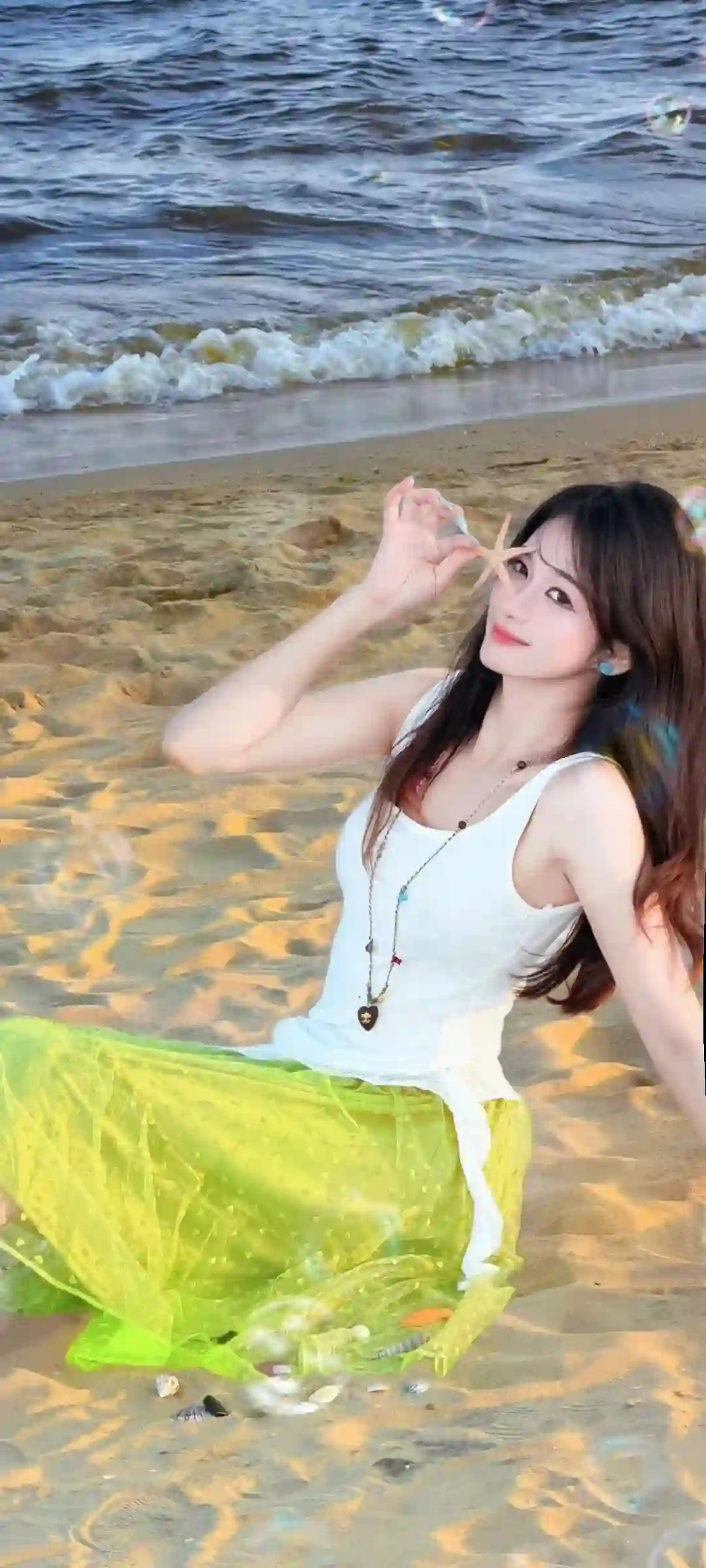 海边 沙滩 海星 纱裙 女孩 清新 暖光