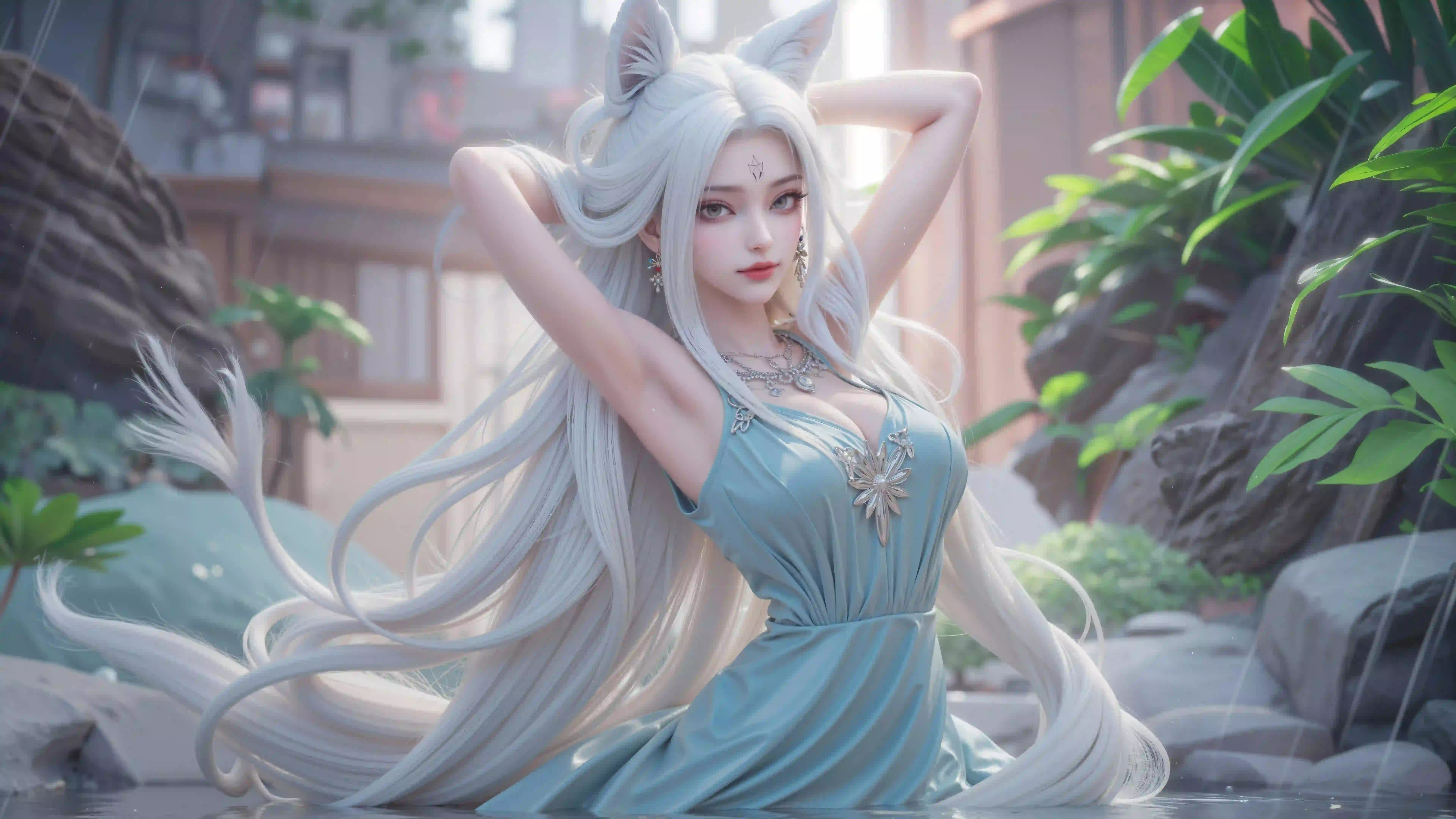 小白 ai 长发美女 狐狸耳朵 白发美女