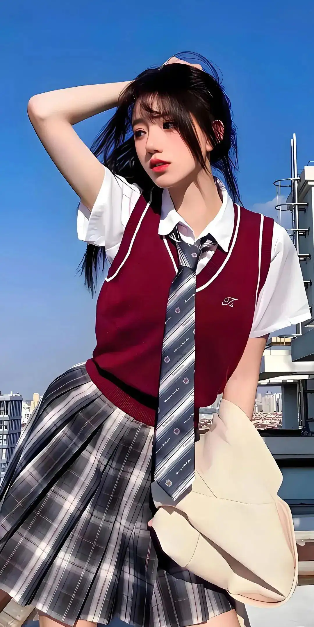 户外写真｜长发jk美女｜红色衣服