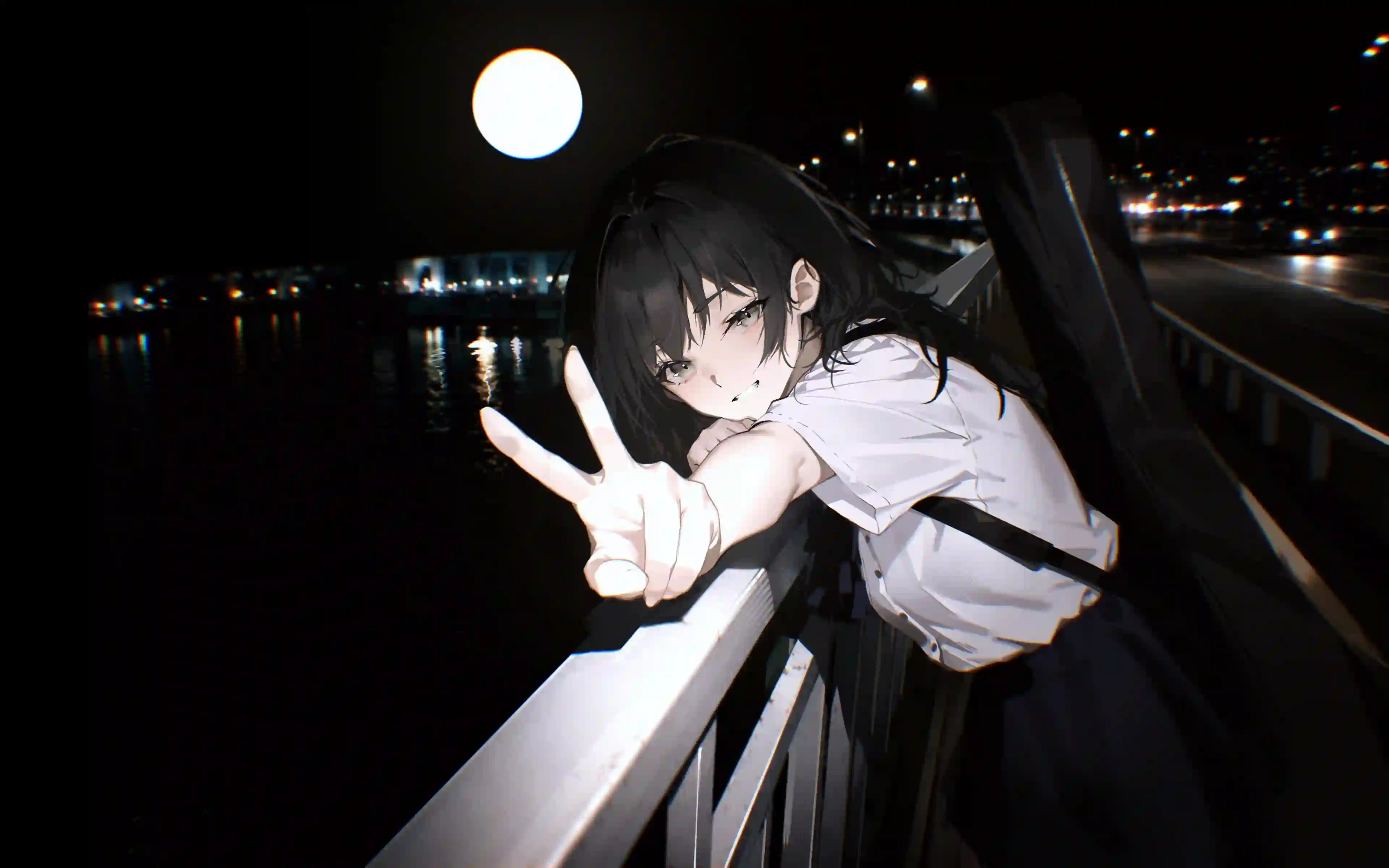 动漫少女 月夜 桥边 校服 比耶 青春