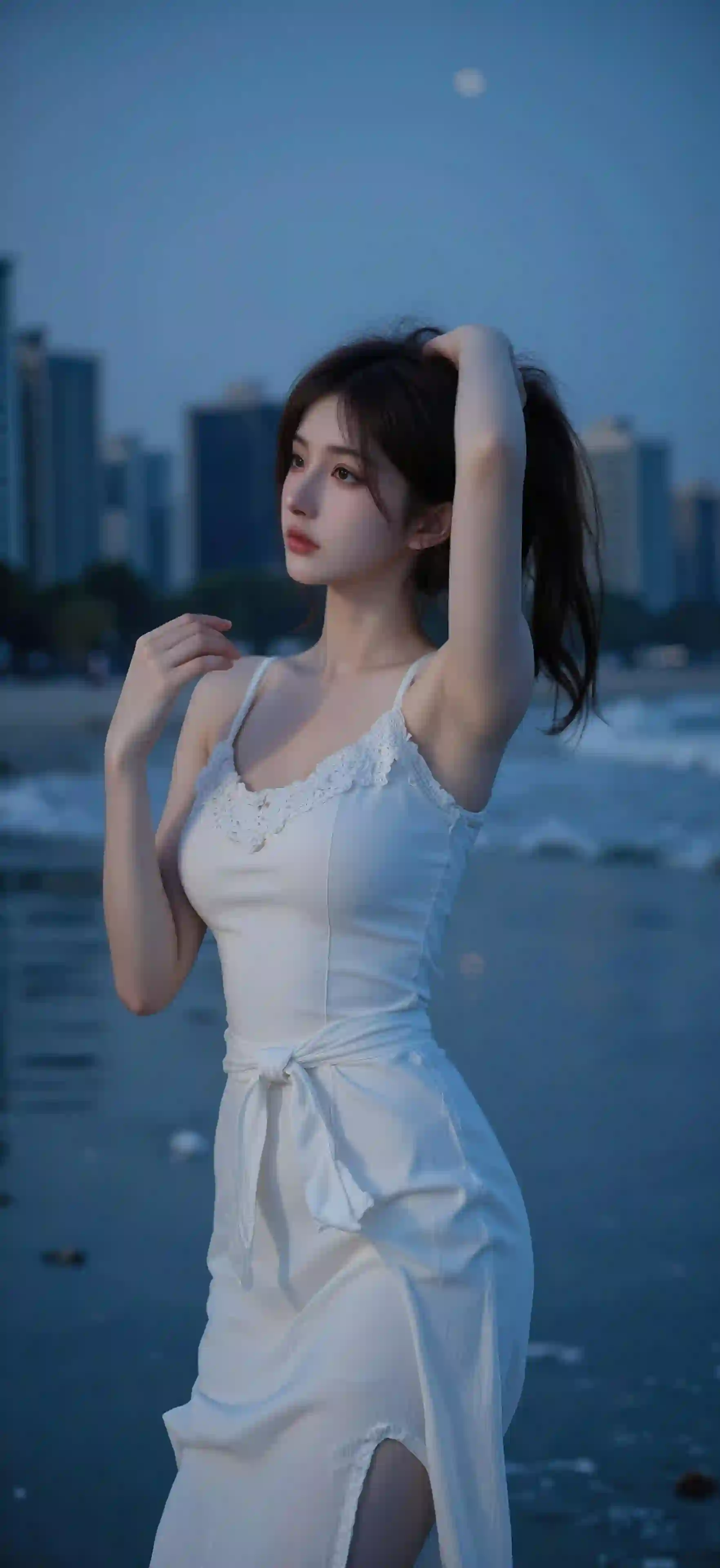 海边 白衣 少女 城市 唯美 优雅 人像