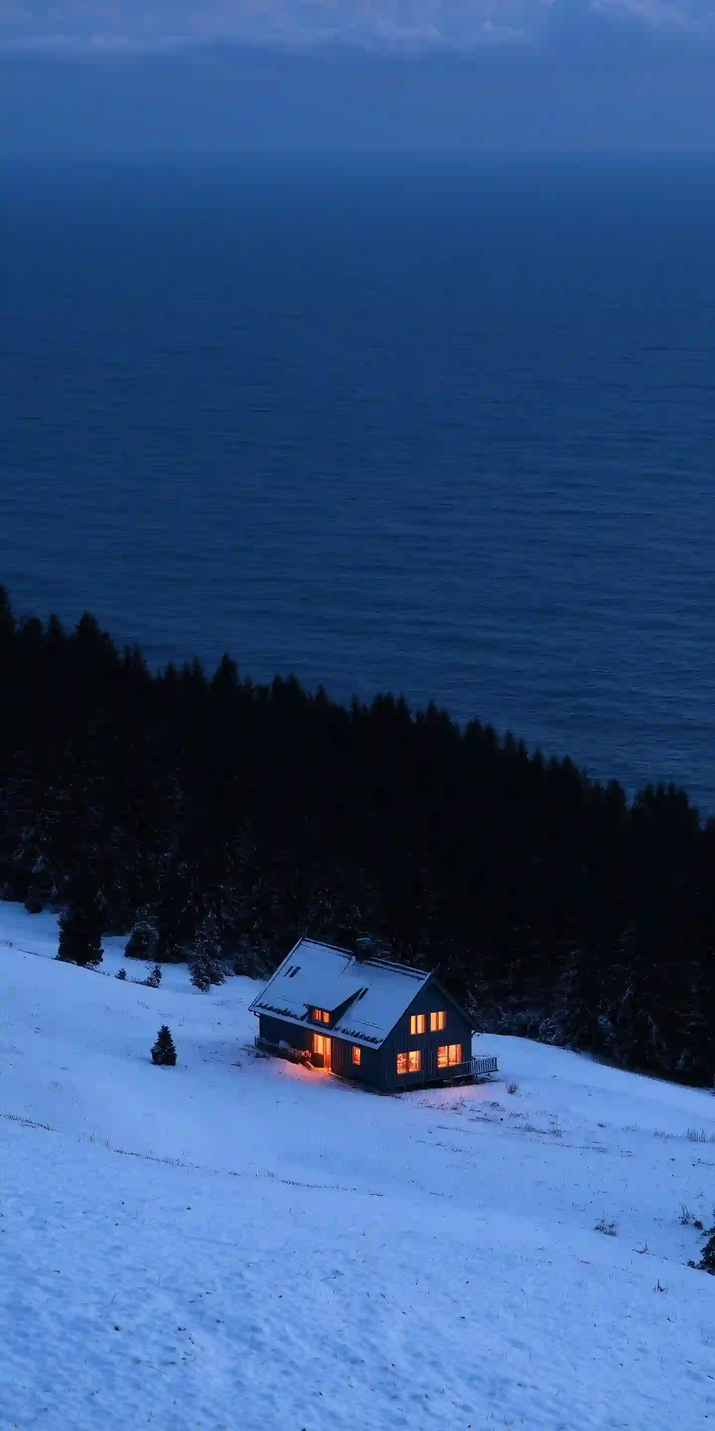 雪景 木屋 暖光 海景 森林 冬天 宁静 风景壁纸