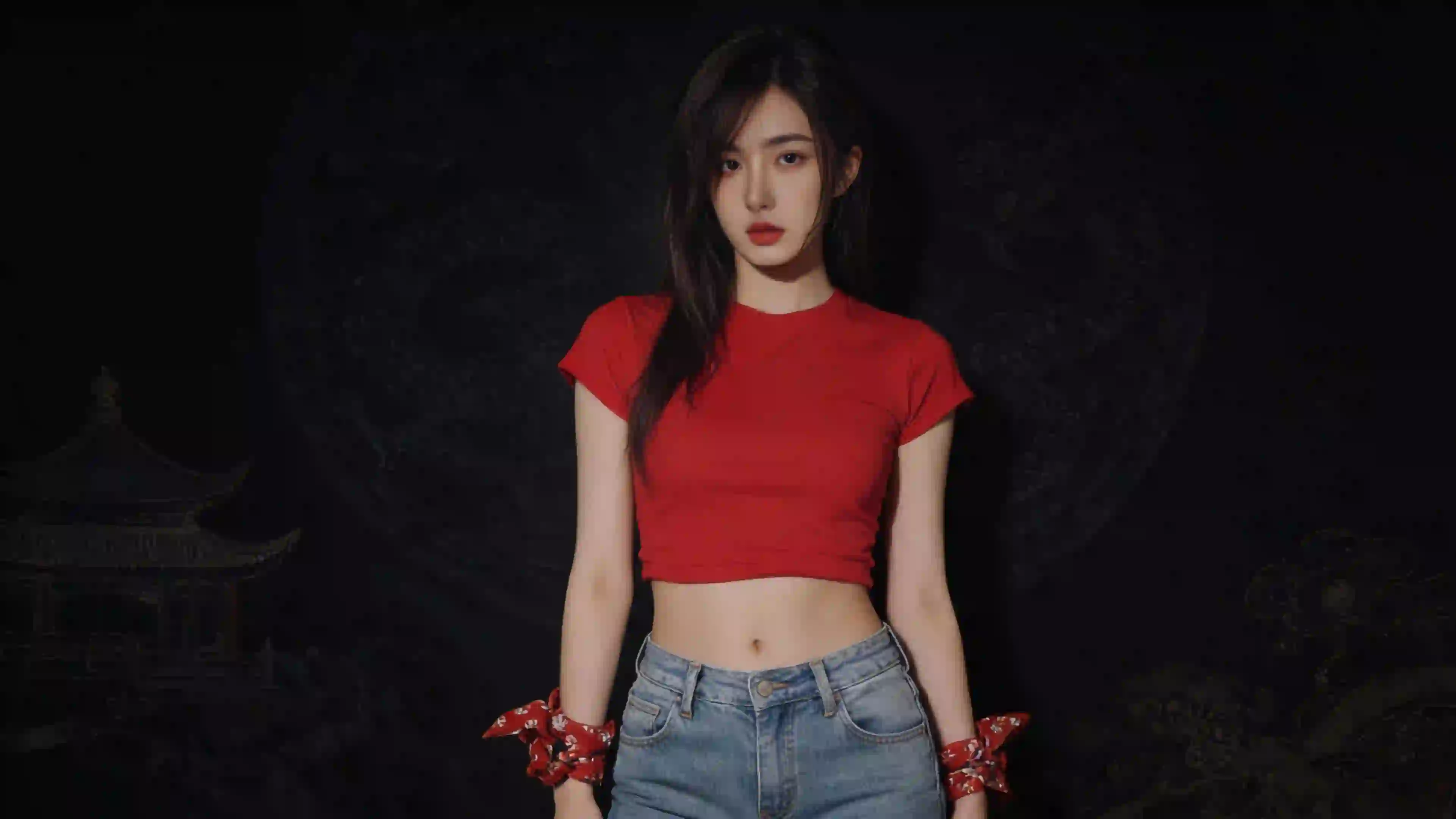 长发美女 红色衣服 牛仔裤