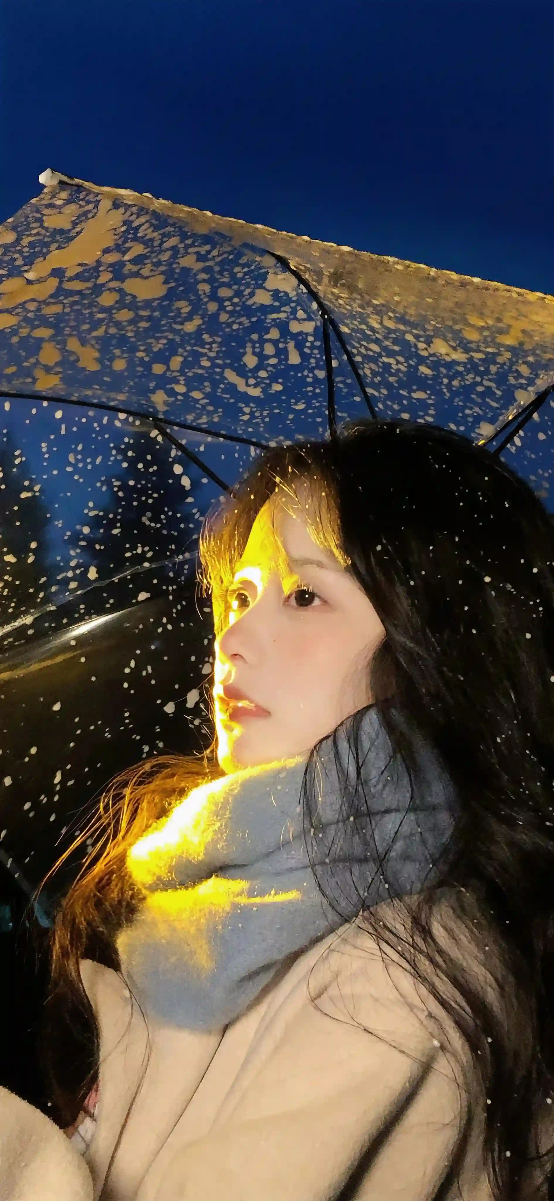 唯美 雪花 冬天 女孩 伞 灯光 夜晚 灯光打在脸上 唯美场景