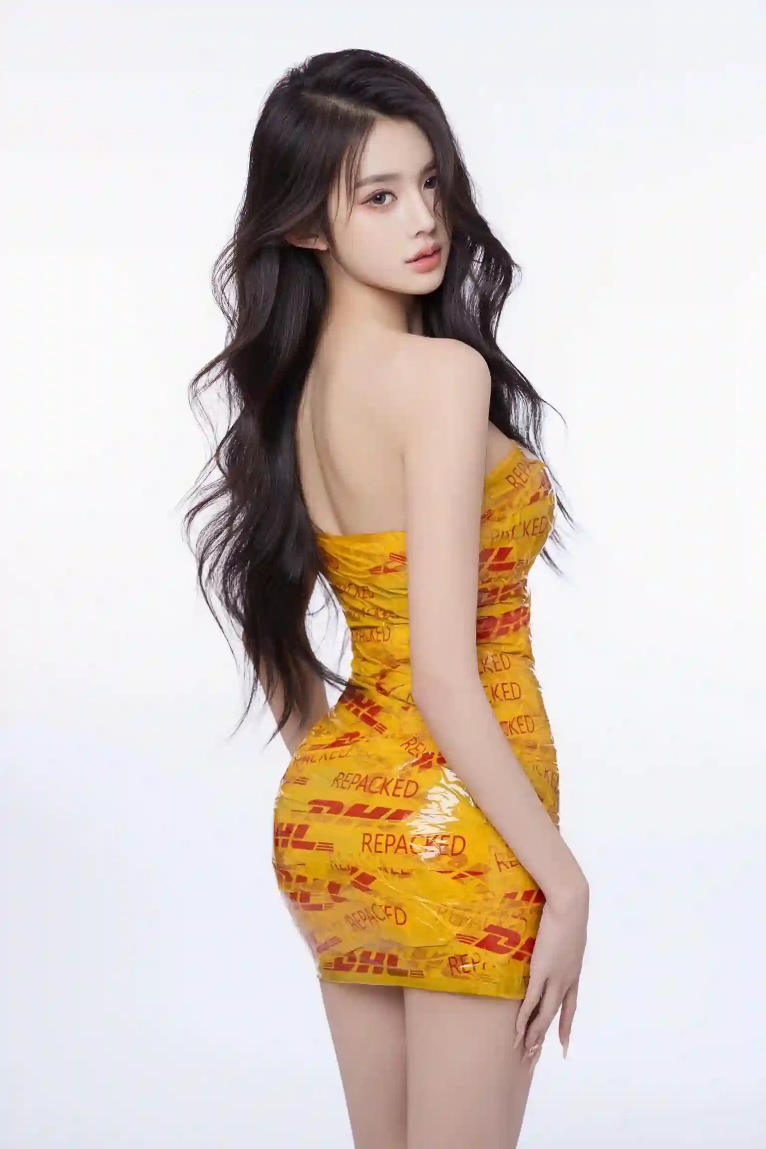长发美女 长腿美女 个性 黄色胶带 抹胸穿搭