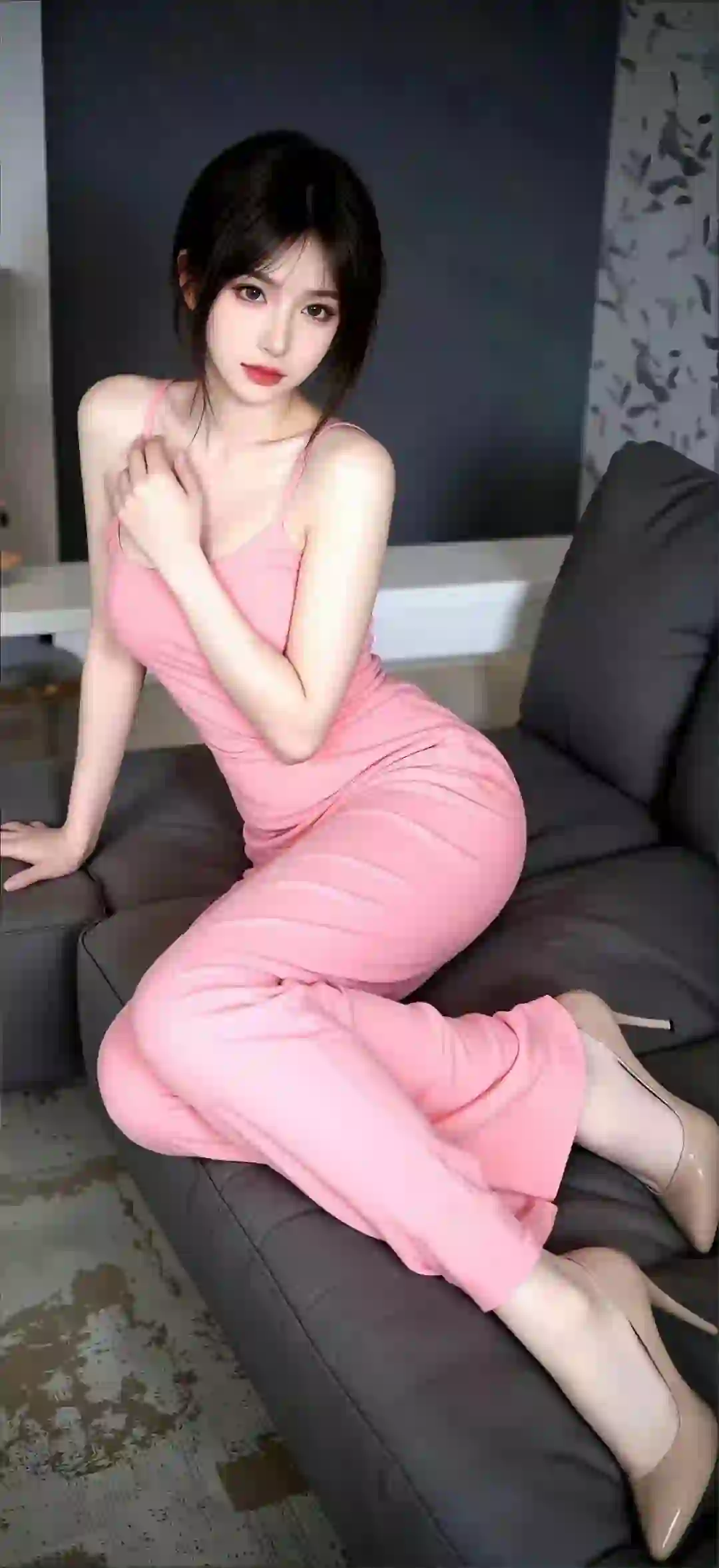 粉红色包臀裙 长发美女 性感 吊带 高跟 居家