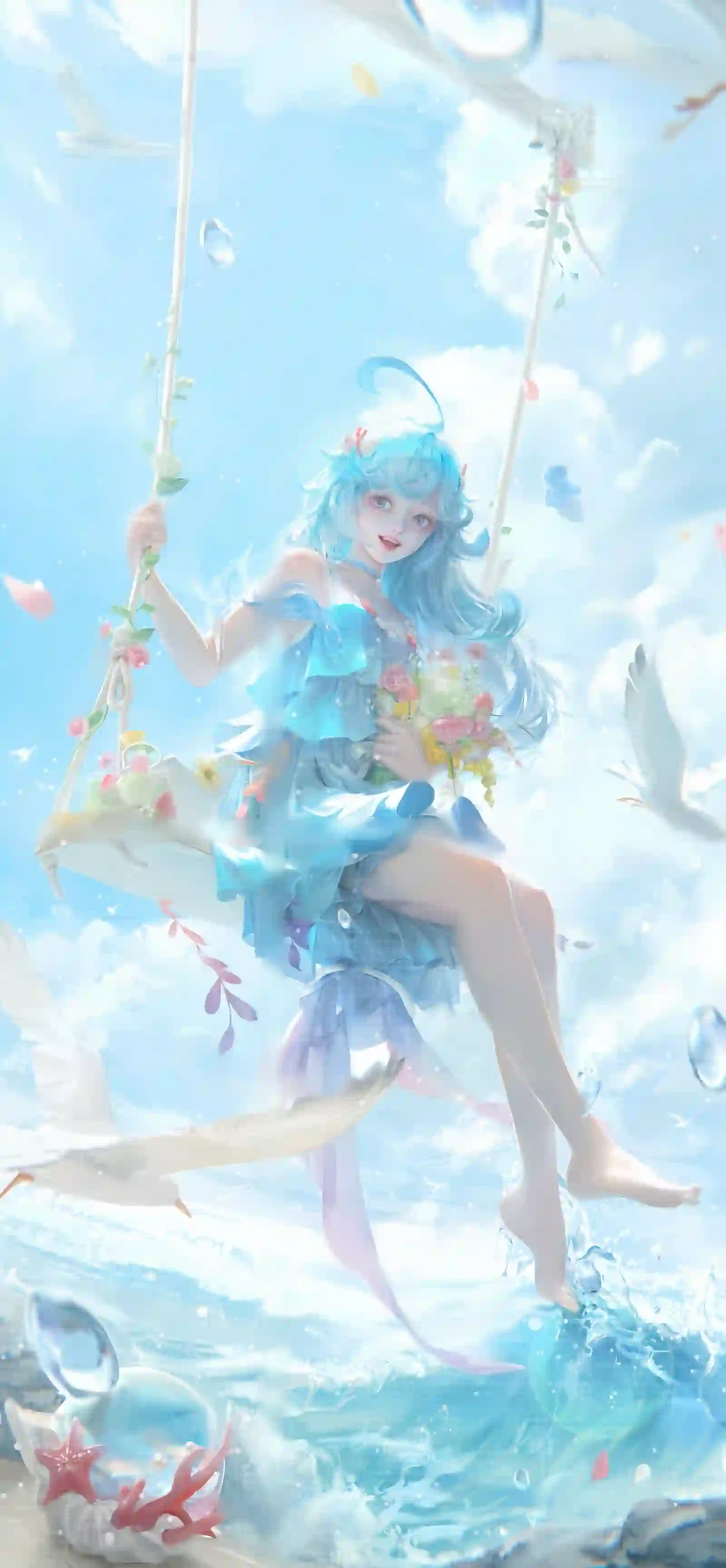 梦幻 蓝发 少女 秋千 海边 插画 壁纸