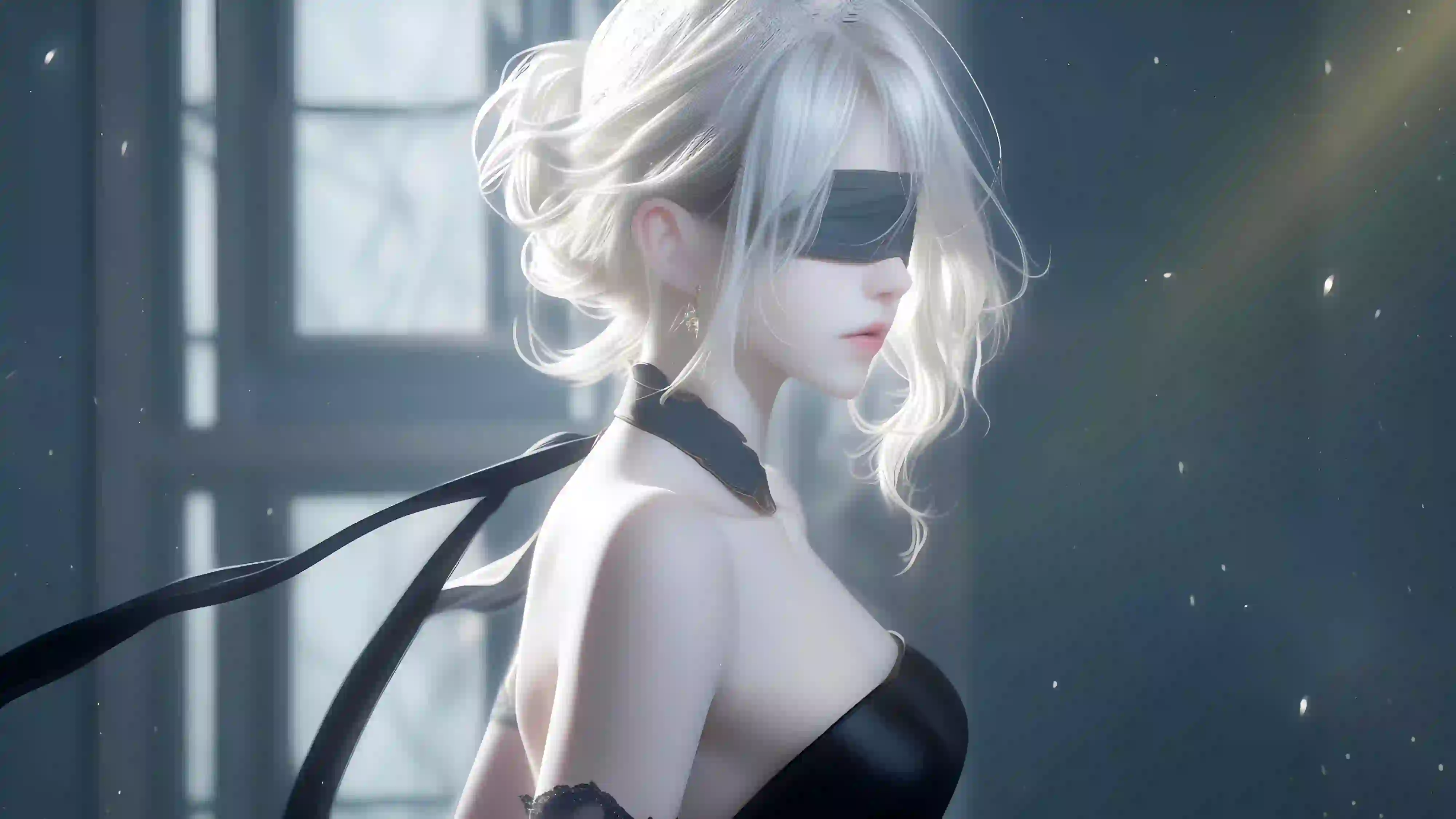 蒙眼少女 长发女孩 黑色衣服 抹胸 白丝头发 光影