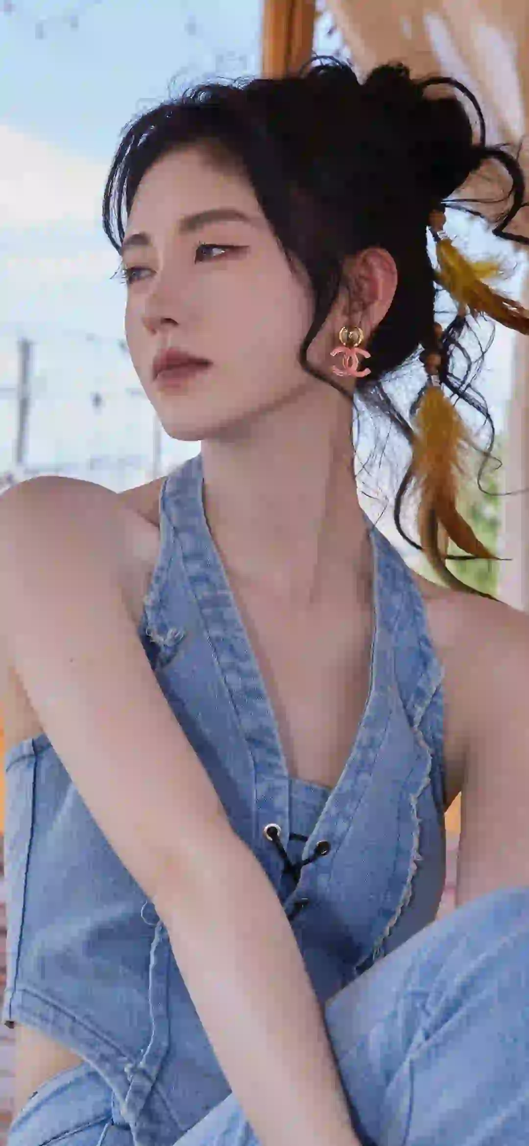 美女女明星 鞠婧祎 长发美女 女神  牛仔穿搭