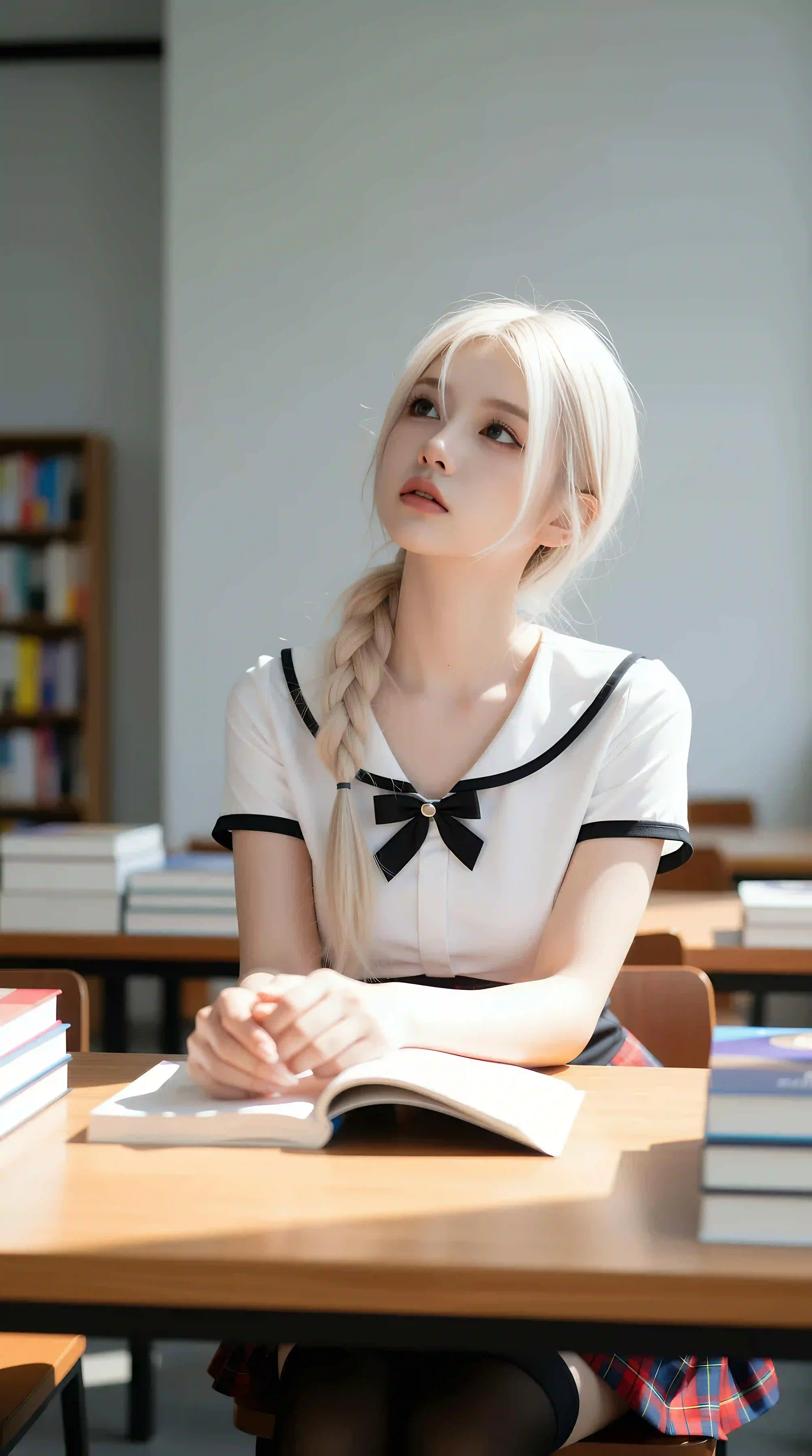 白色长发 白色衣服 图书馆 ai美女 马尾
