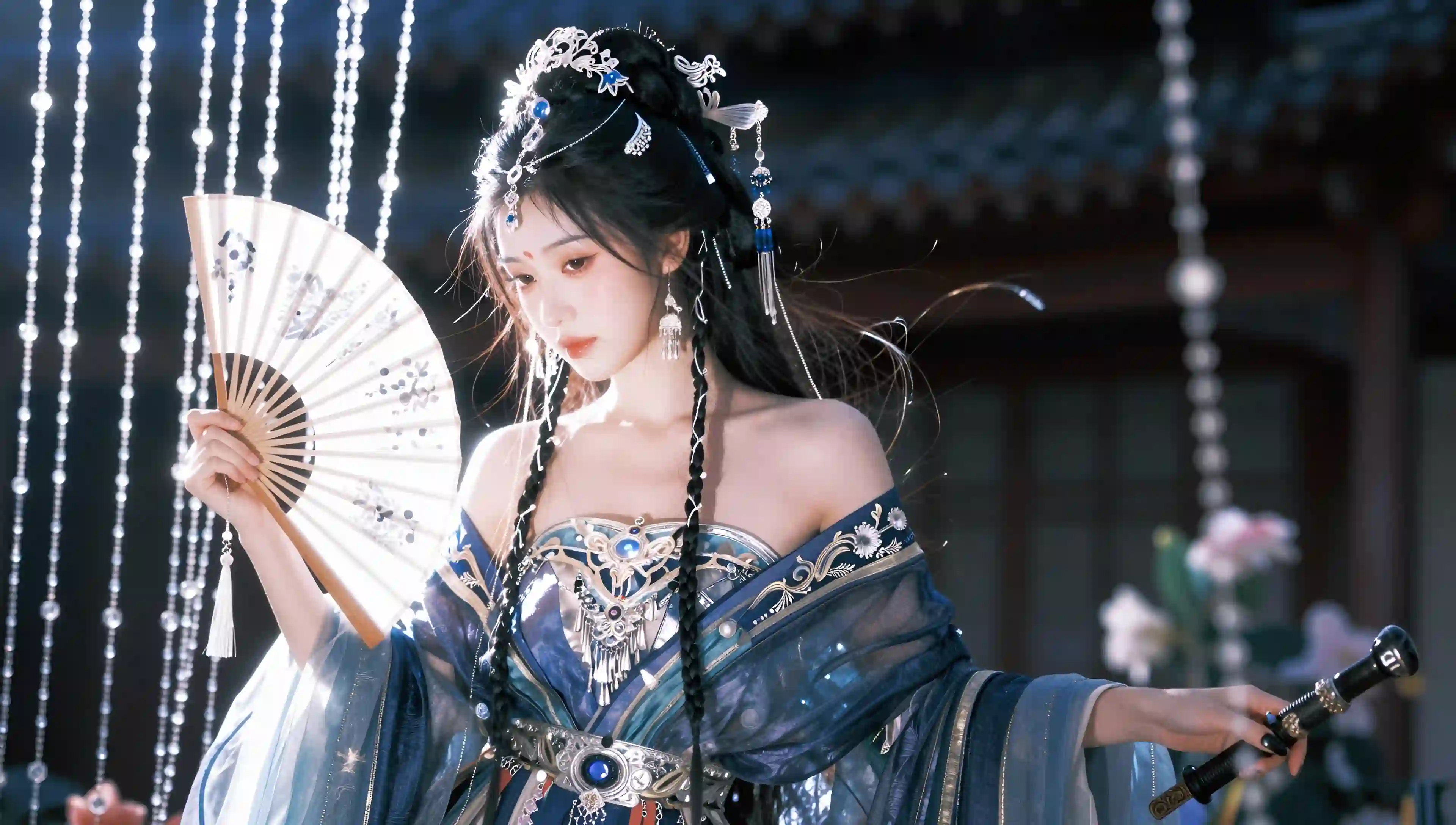 古风 少女 折扇 汉服 刺绣 珠帘 唯美 壁纸