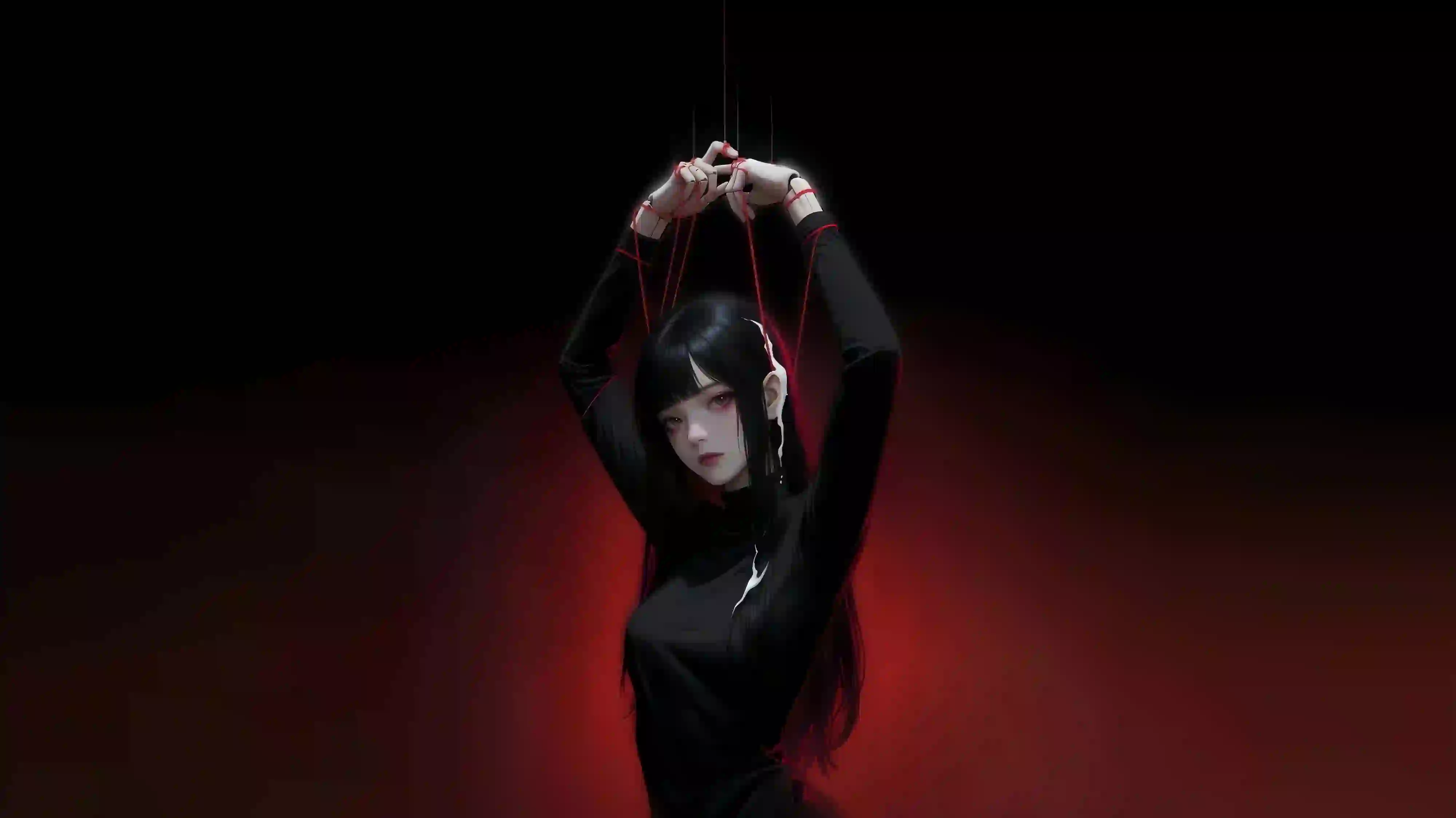 人偶 长发性感美女 动漫女孩 黑色衣服 红色丝线 提线人偶