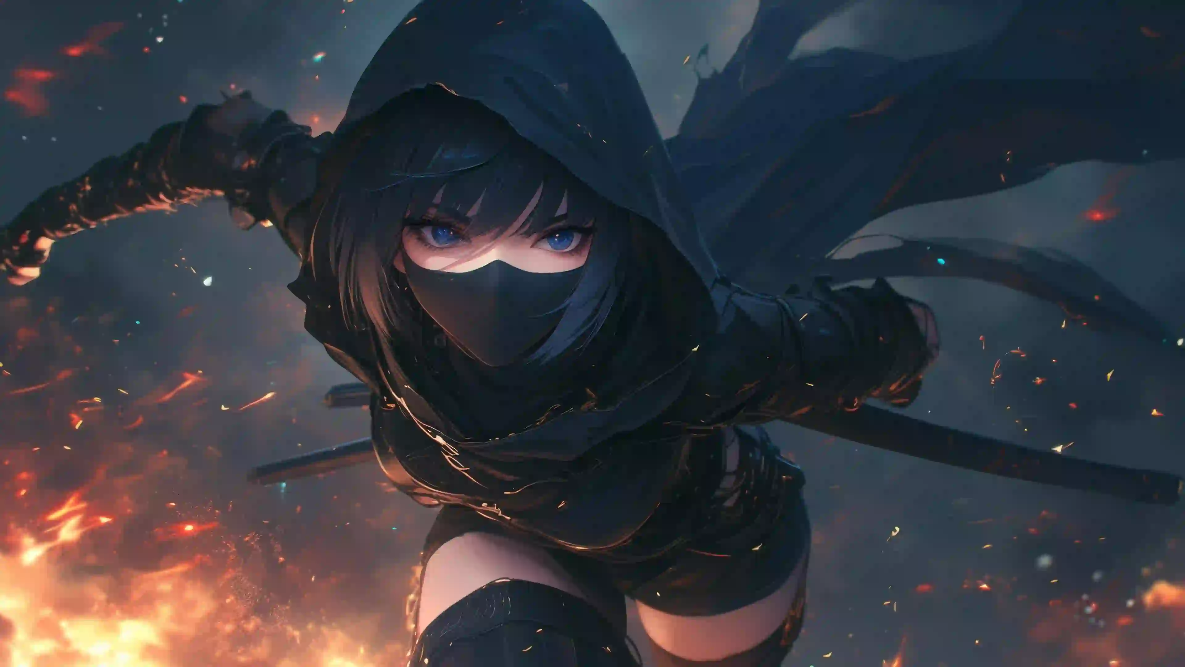 女忍者 黑色面罩 黑色披风 火