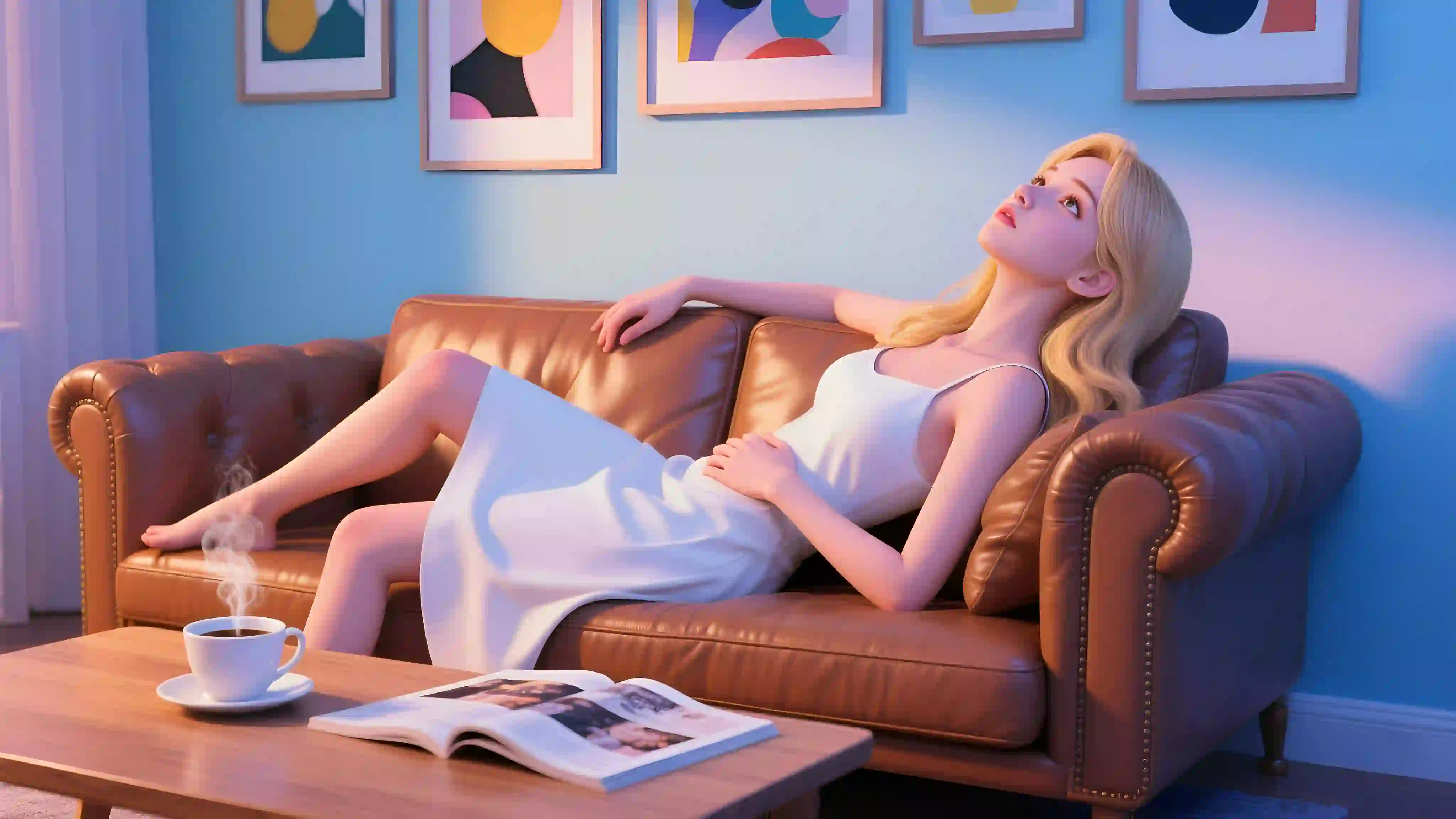 咖啡 长发吊带美女 白色吊带美女 