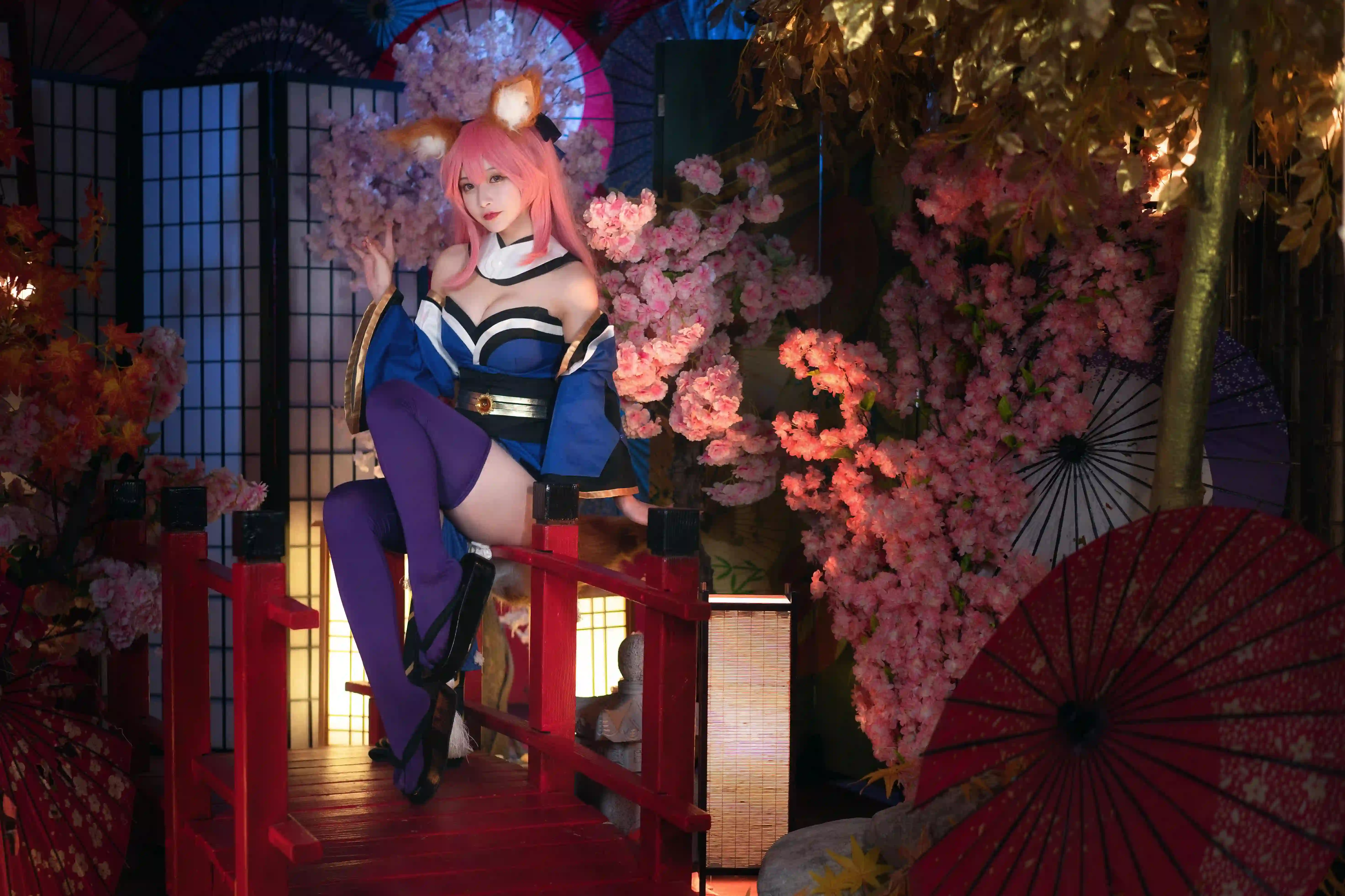 狐耳 少女 樱花 红桥 cosplay 日式