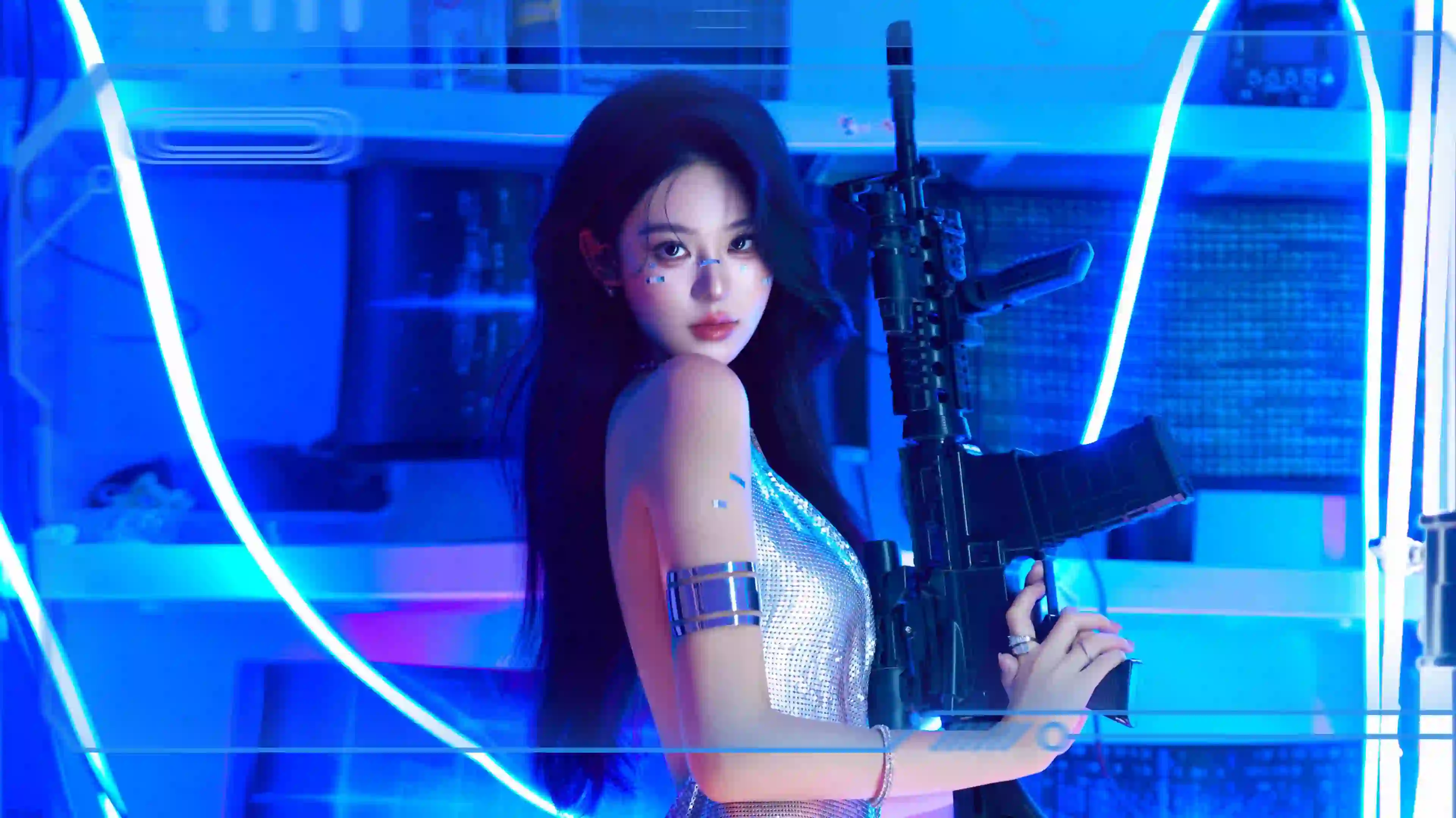 性感美女 长发美女 蓝色背景