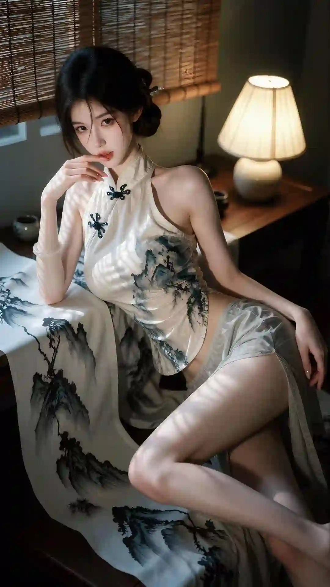 水墨 旗袍 少女 室内 优雅 古典 光影