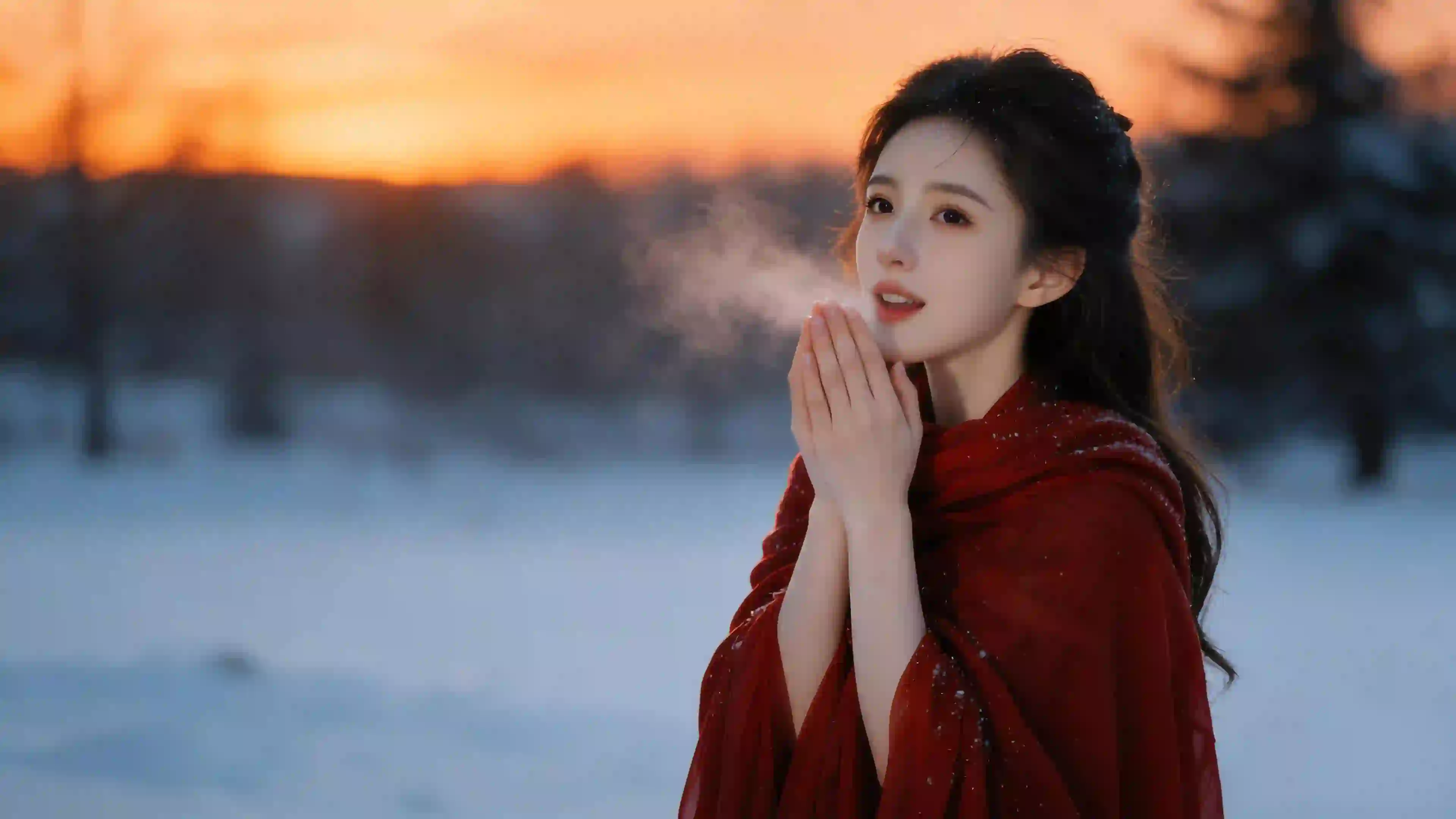 冬日雪景红衣美女抬头仰望 雪地 4
