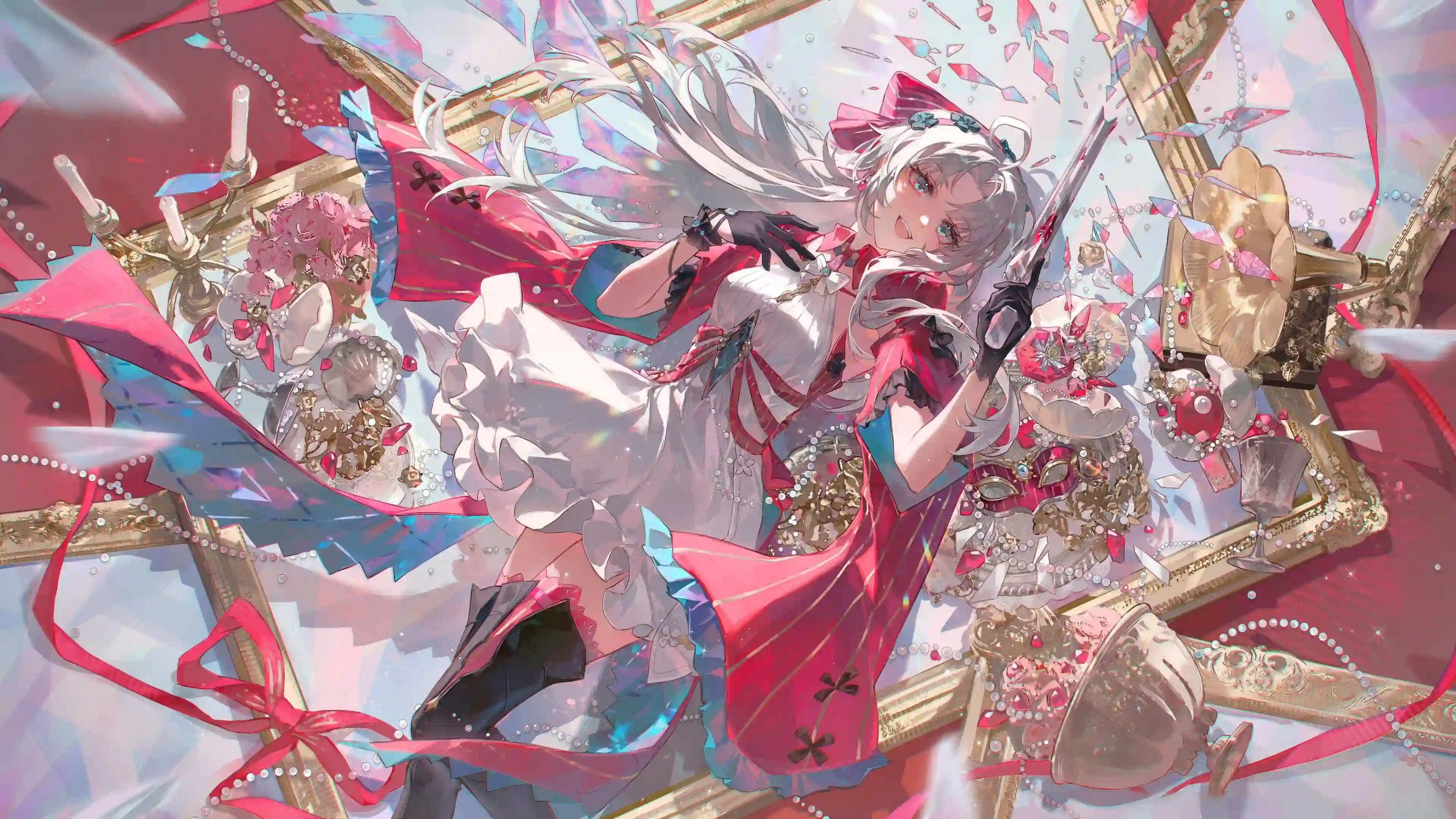 白发少女 华丽幻想插画 碎片效果 动漫壁纸 粉色调 飘逸感