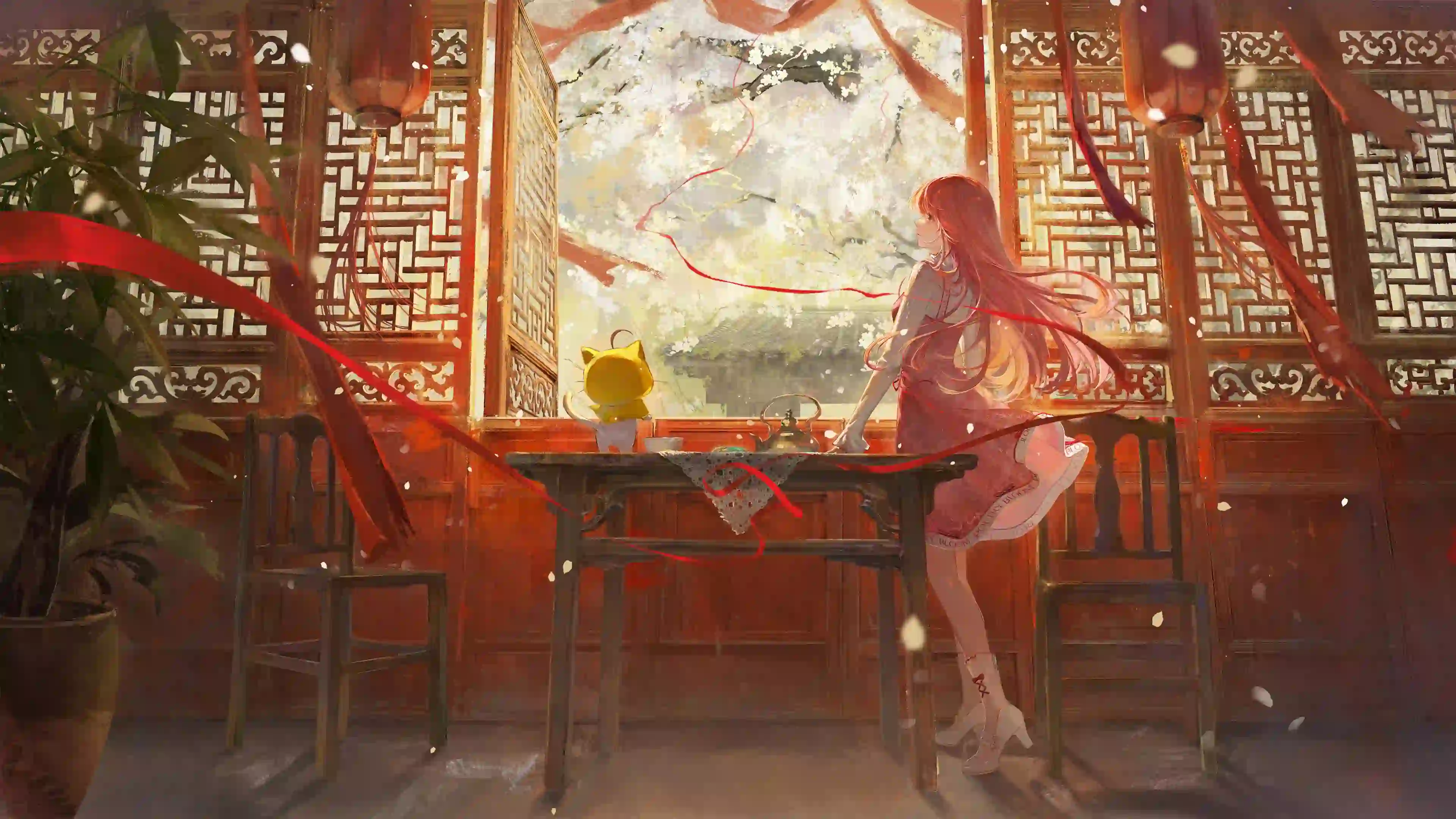 苏暖暖 国风 少女 红色裙子 房间 桌子 灯笼 窗 2