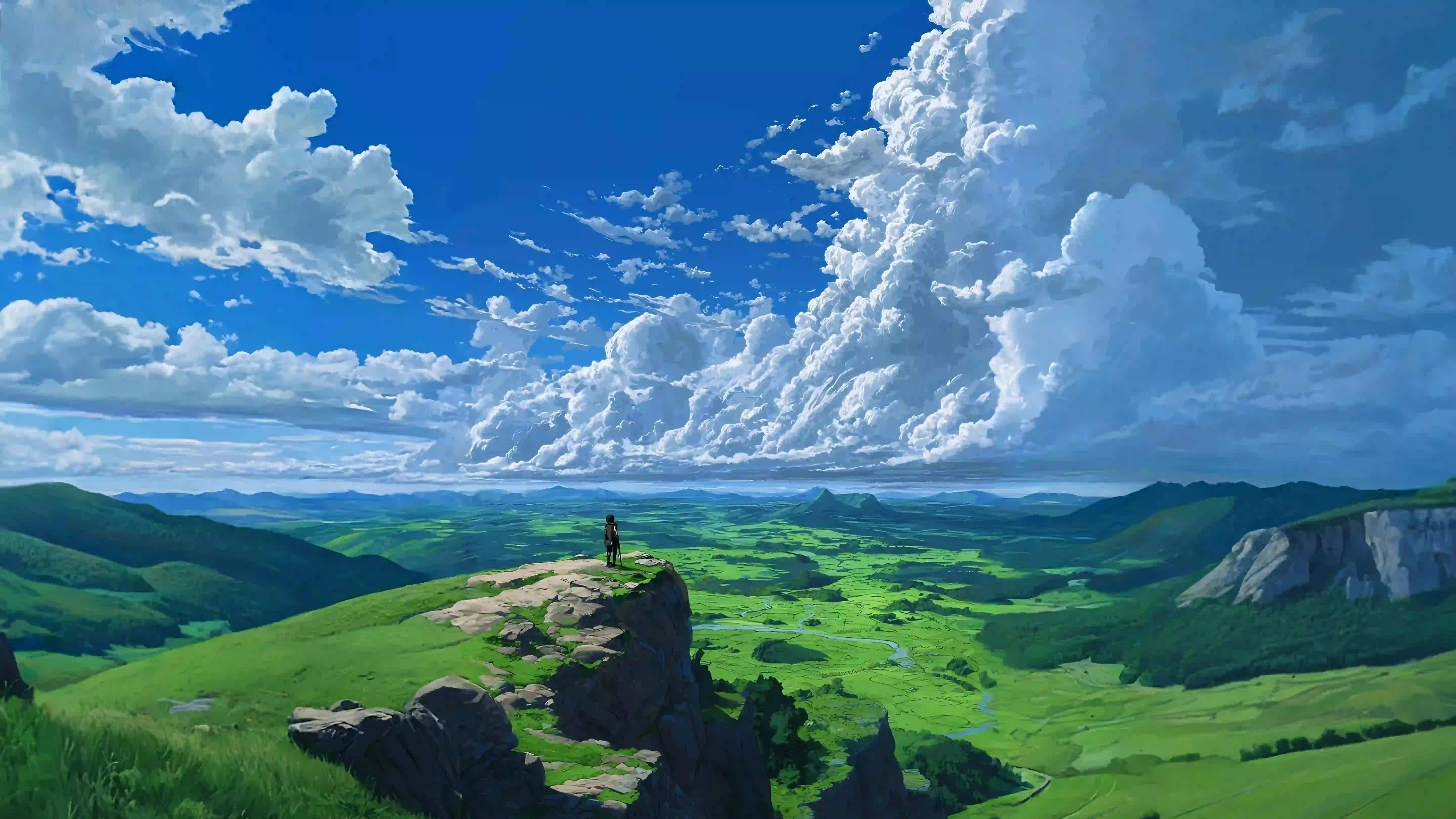 绿色 大自然 蓝天白云 登山者