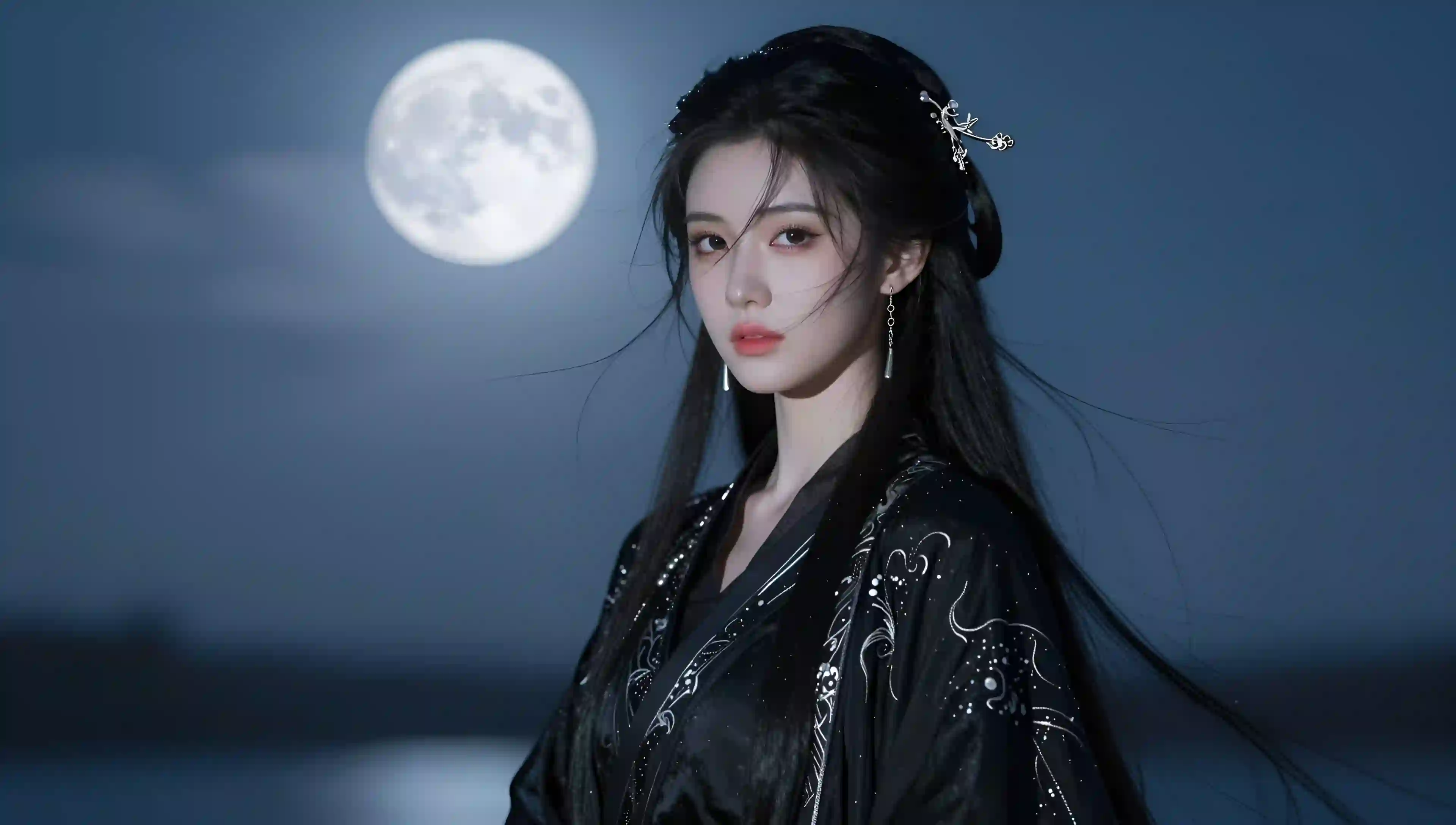 一轮 明月 古风汉服美女 黑色古风汉服 户外 长发飘逸