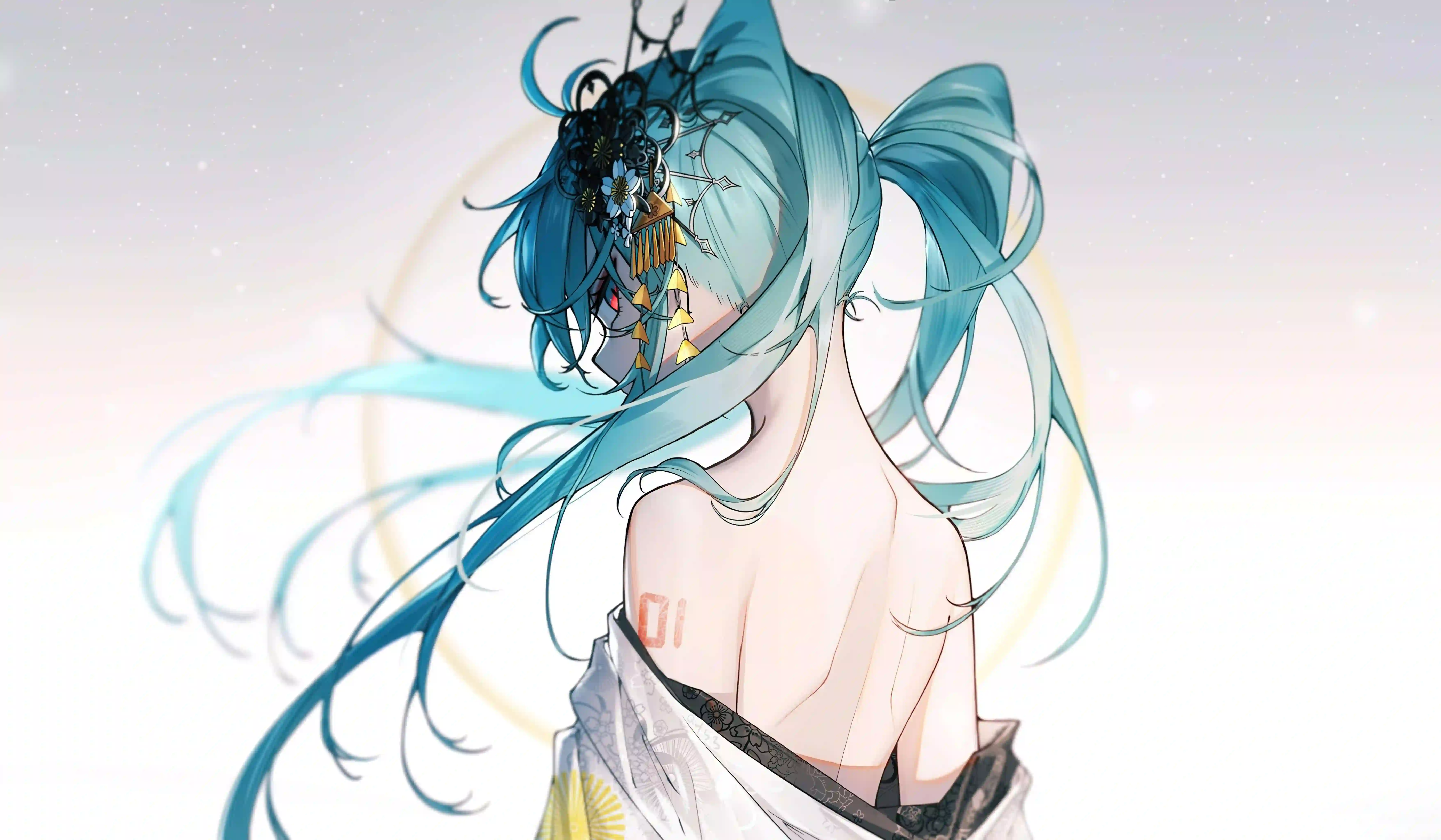 动漫女孩 二次元 双马尾女孩 初音未来 蓝色头发 背影 