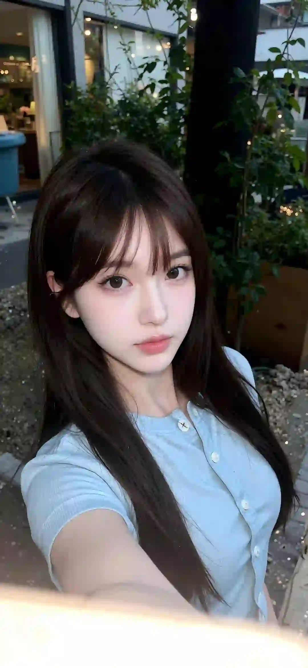 美女 长发美女 蓝色衬衫 自拍