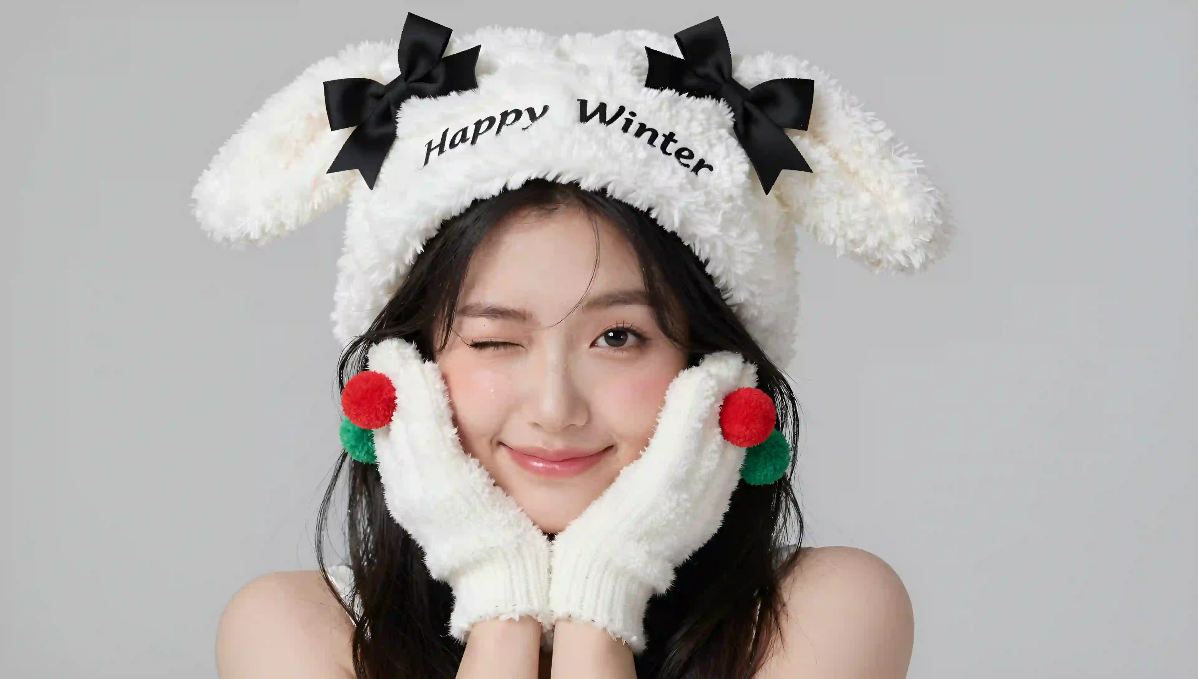 冬季 可爱 女孩 兔耳朵 帽 手套 wink