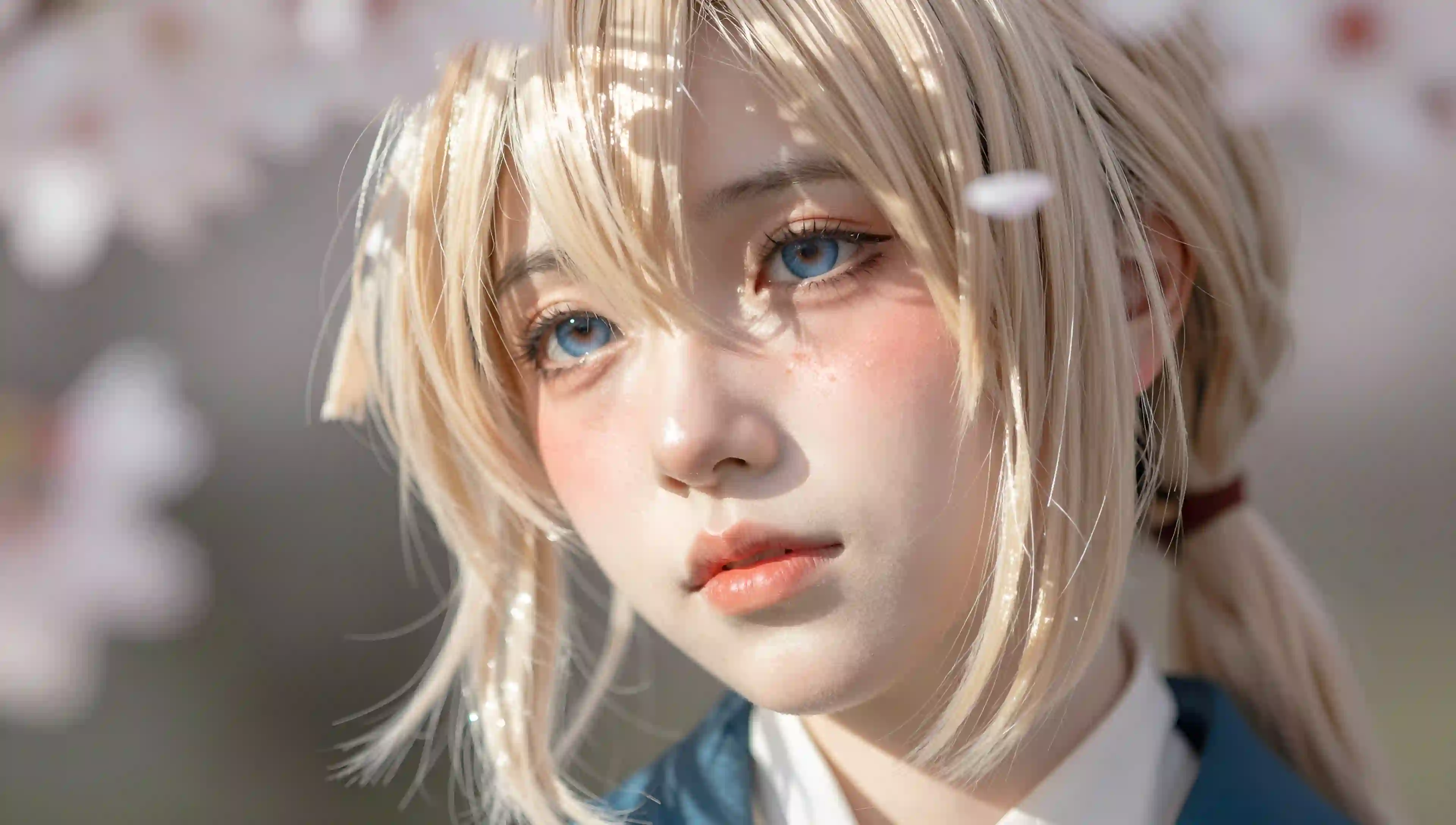 樱花 金发 蓝眼 少女 唯美 Cosplay 特写