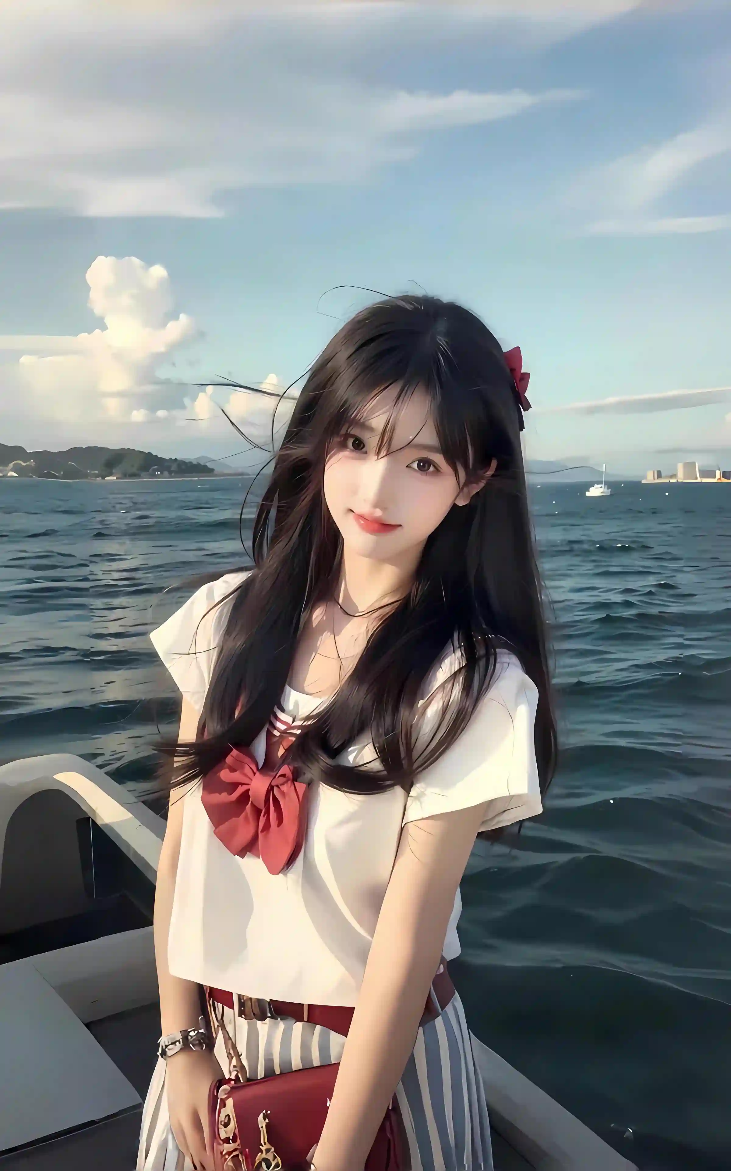 海上 船 可爱女生 长发 4K手机壁纸全屏 jk