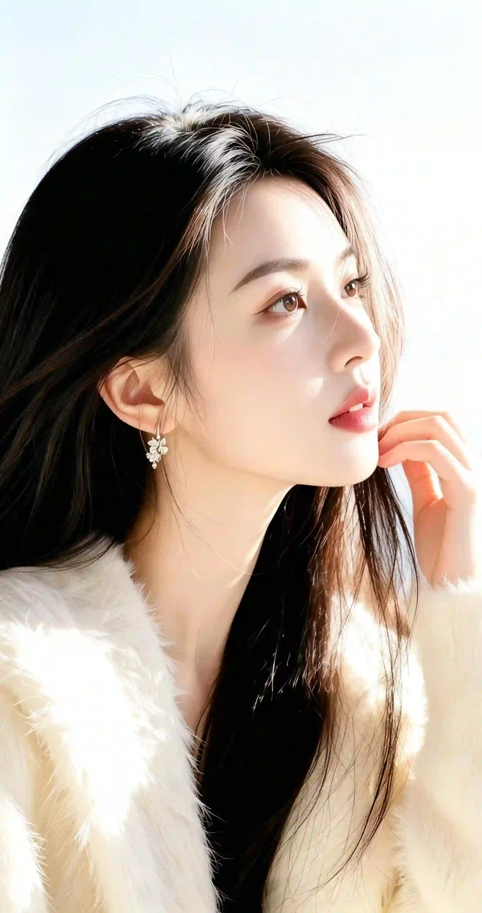 长发美女 白色毛领 外套 侧颜 人像 写真