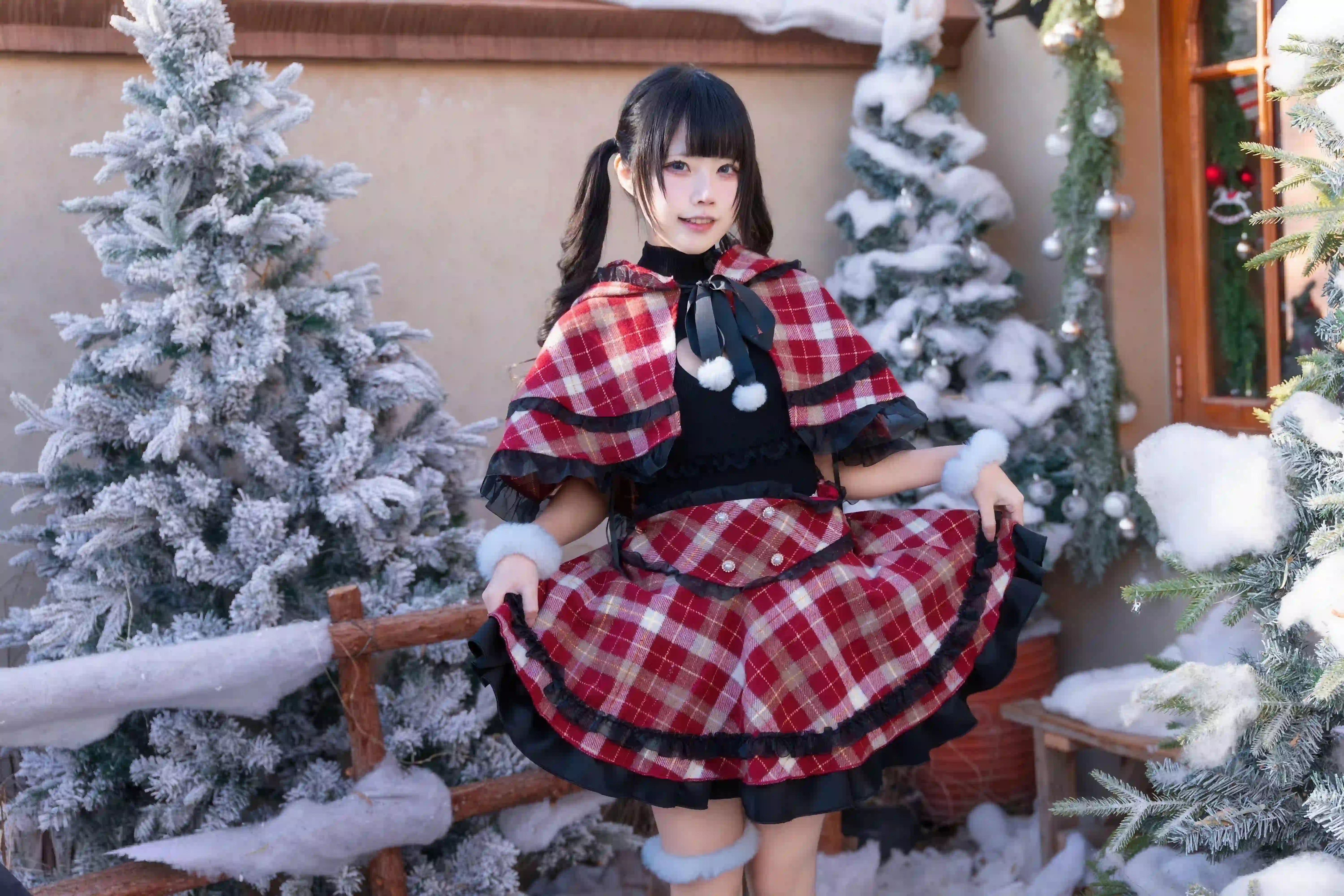 圣诞节 格子短裙 冬季 双马尾女孩 可爱 冰天雪地
