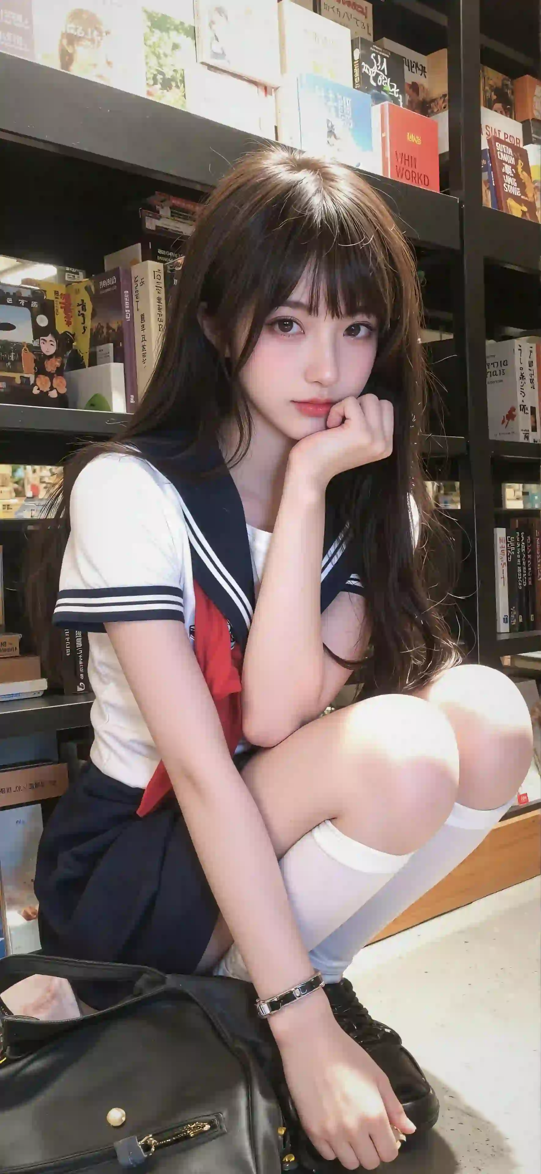 长发美女 jk穿搭 白色丝袜