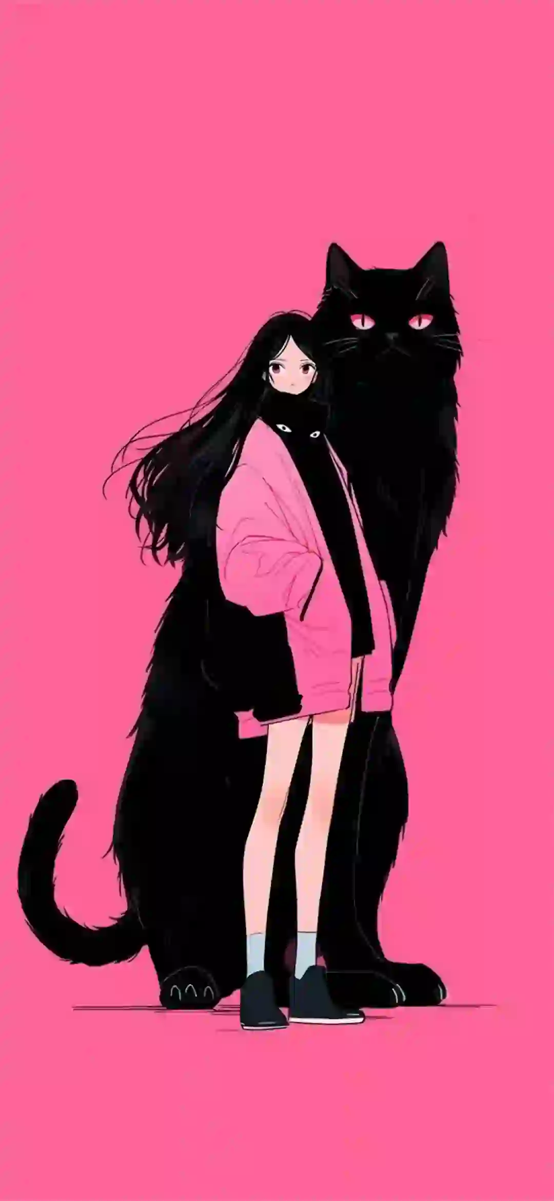 大黑猫 长发女孩 粉红色背景